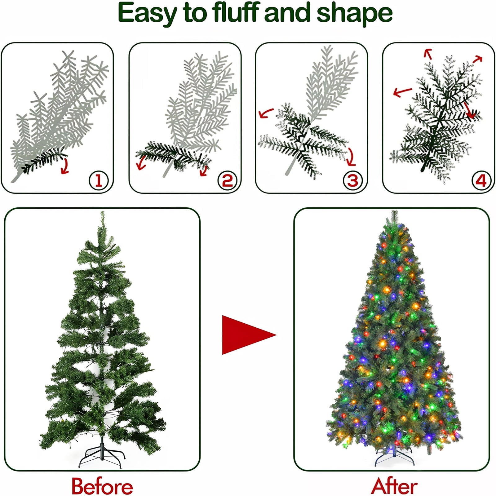 Fenbeli 6ft Pre-Lit Artificial Christmas Tree with 250 Multicolored LED Lights, 8 Sequences, Green