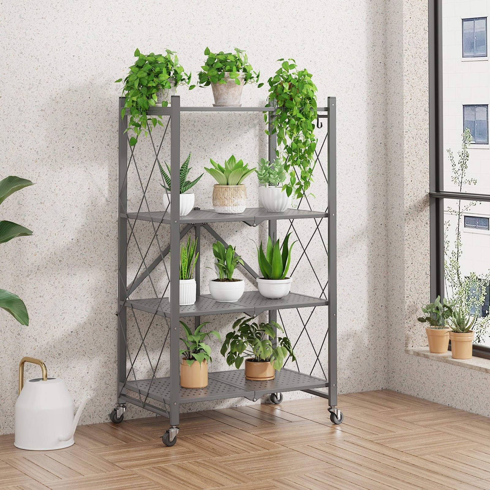Fenbeli 4-Tier Storage Shelving Unit, Metal Shelf, Foldable Storage Shelf with Wheels, Garage Shelf, Metal Storage Rack, Kitchen Shelf with 3 Hooks
