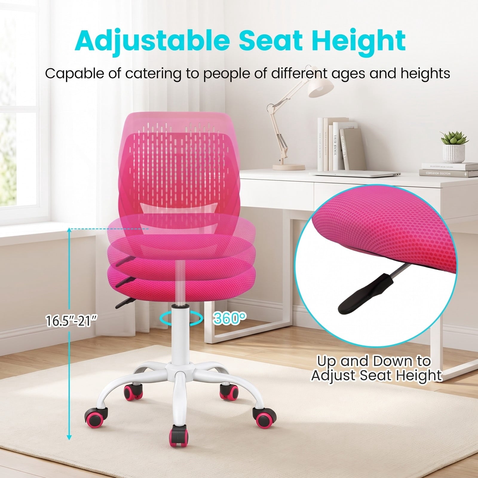 Fenbeli Ergonomic Children Study Chair with Adjustable Height, 250 lbs Capacity, Sponge Mesh Metal Frame, 19.5 x 19.5 x 29.5-34 Footprint, Pink