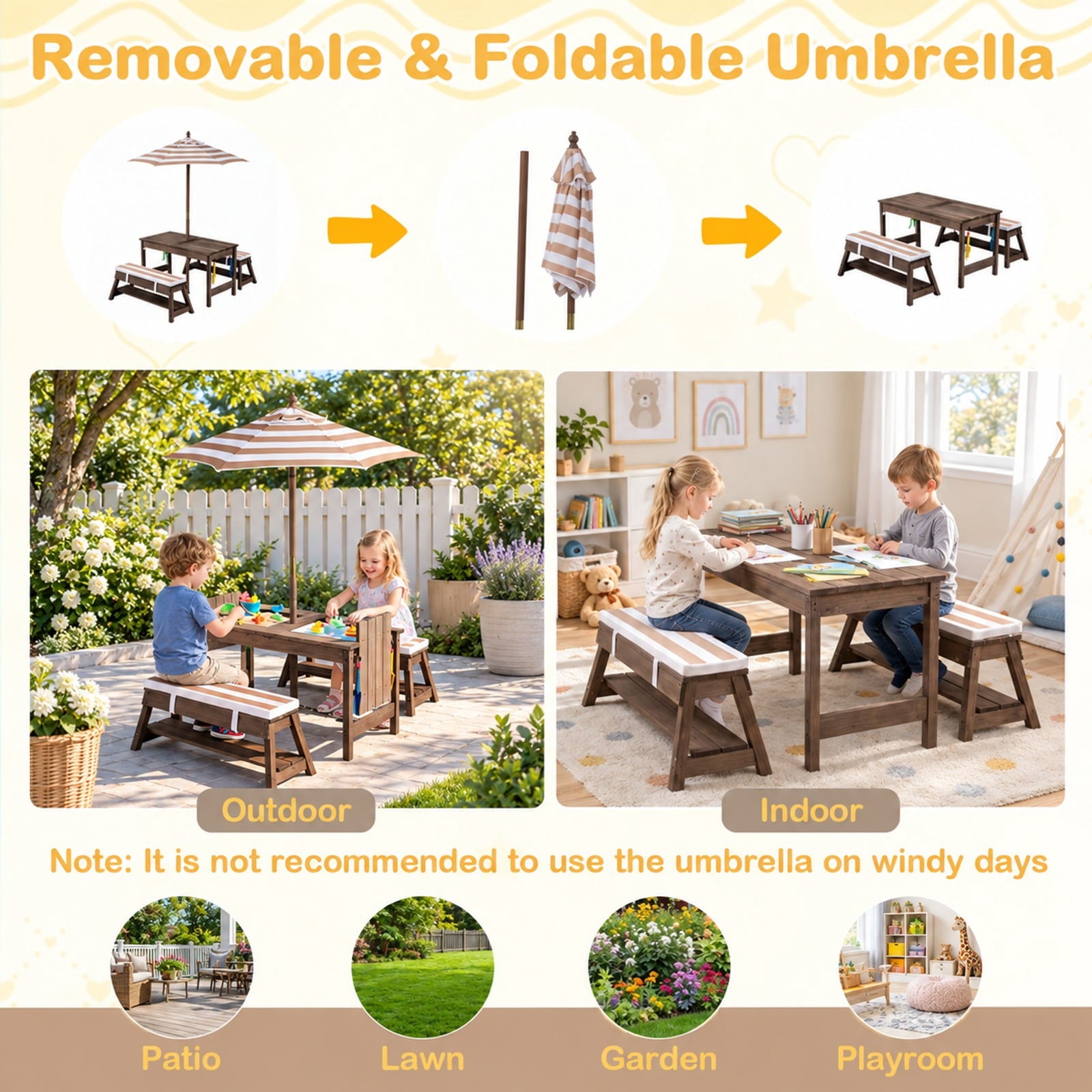 Fenbeli Outdoor Kids Wooden Picnic Table and Benches Set with Umbrella, 110 lbs Capacity, Fir Wood Nylon Fabric Sponge PP Frame, for 3+ Years Old