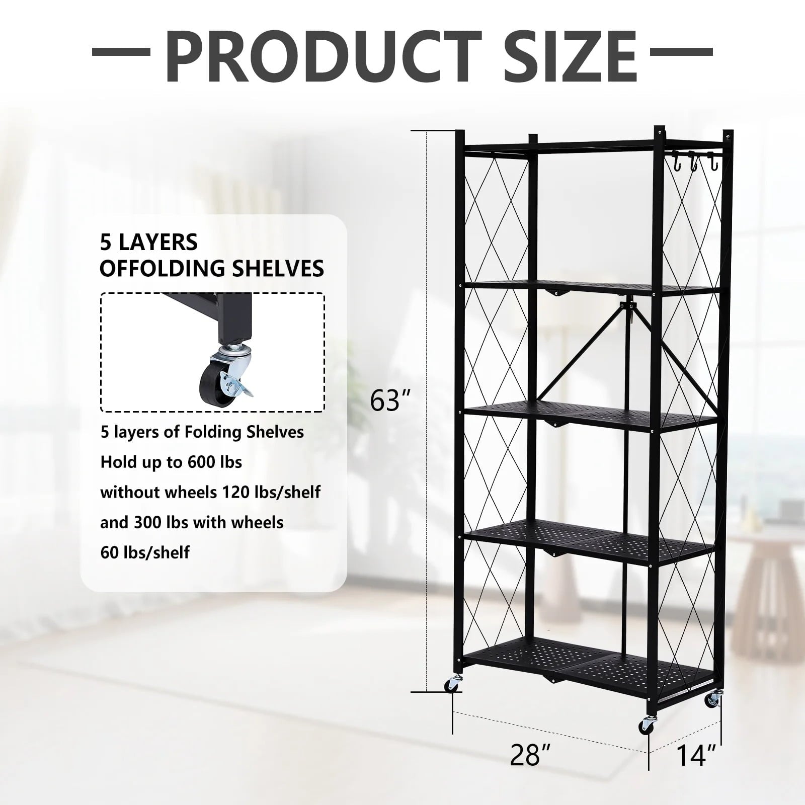 Fenbeli Foldable 5-Tier Storage Shelf with Wheels Metal Rack Collapsible Shelving Unit Display, Rolling Cartfor Garage, Pantry, Office ,Black