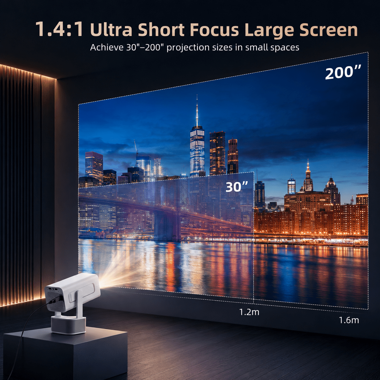 Fenbeli Native 1080P Smart Portable Projector with Android 11, WiFi 6, Bluetooth 5.2 and Auto Focus, Up to 200, White