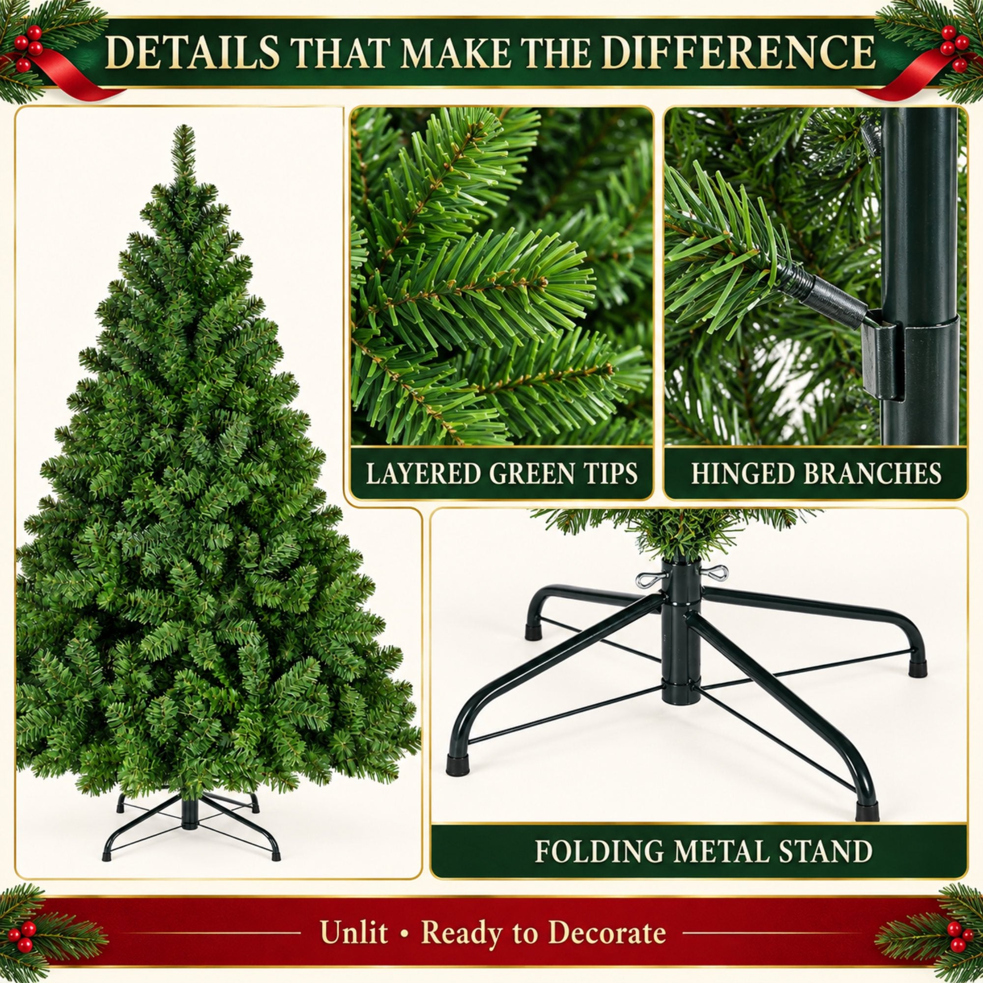 Fenbeli 6ft Artificial Christmas Tree with 1000 Branch Tips Full Green Xmas Tree for Home and Holiday Decor