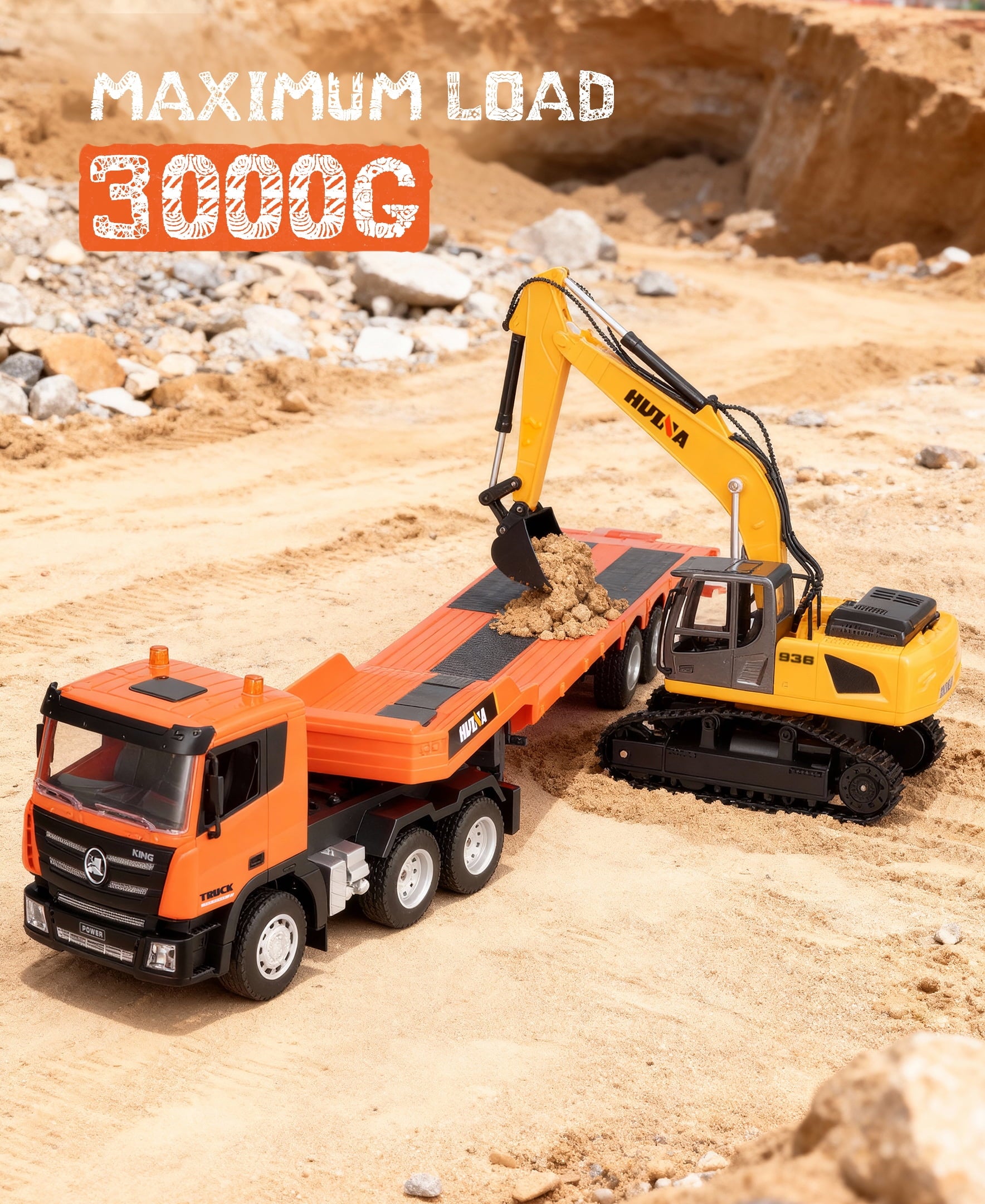 Fenbeli 1:18 RC Flatbed Truck and Excavator Toy Set, 2.4GHz 9-Channel Remote Control Construction Vehicles with Lights Sounds, 32.9 Semi-Trailer with 680¡ã Rotating Digger, Gift for Boys 8-12, Orange