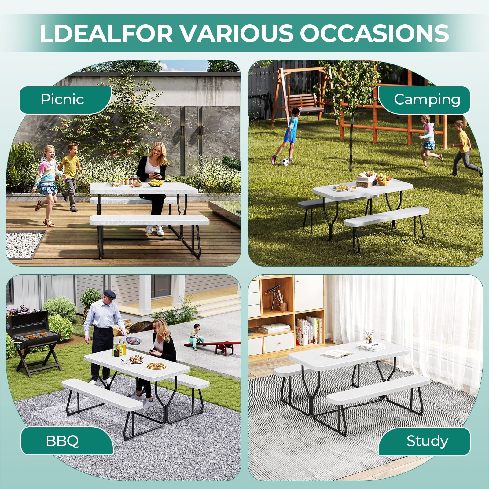 Fenbeli Picnic Table Bench Set Outdoor, All-Weather Patio Dining Furniture for Backyard Garden Deck, White