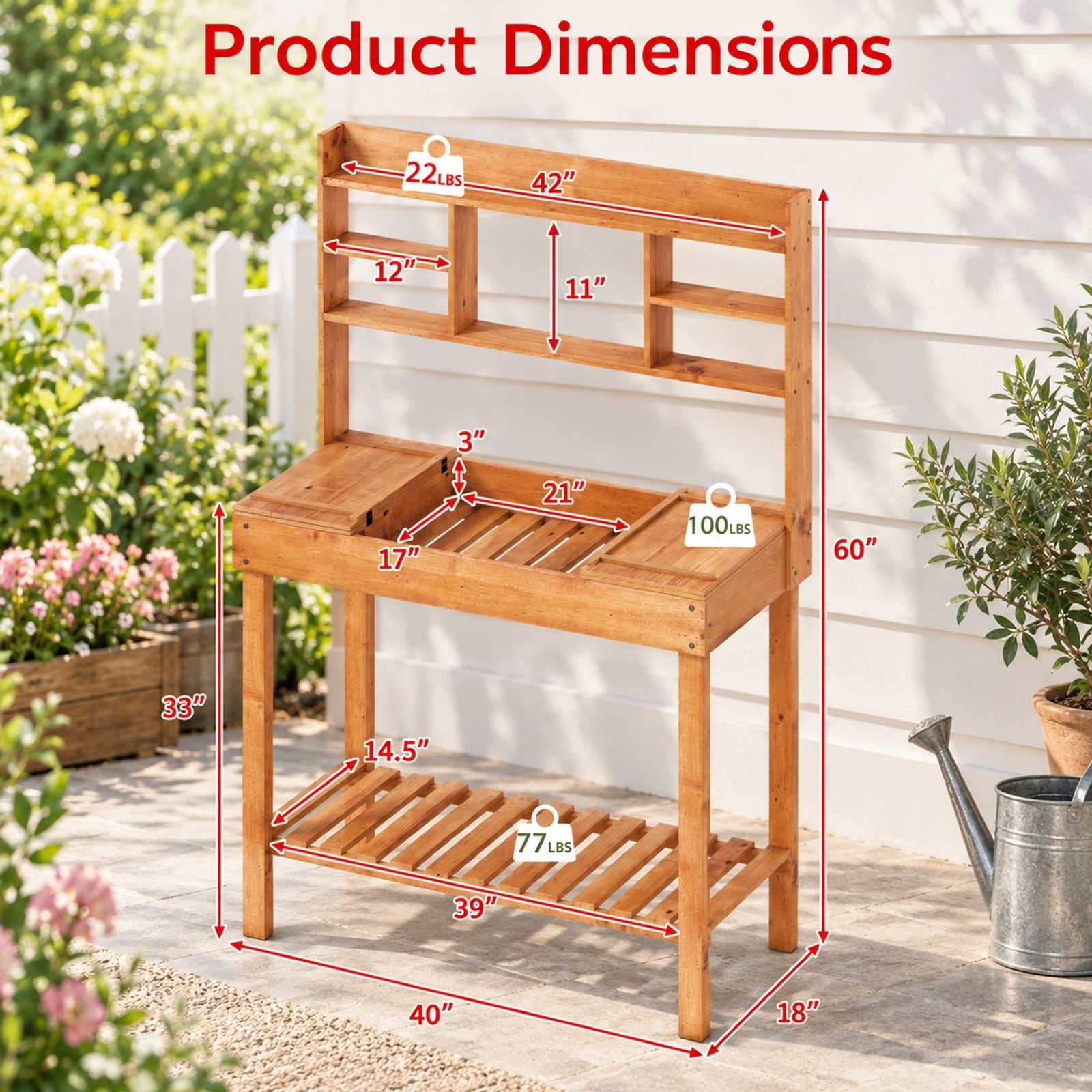 Fenbeli Wooden Potting Bench Table Garden Planting Workstation with 3-Tier Open Shelf, Upper Shelf 22 lbs Capacity, Fir Wood Frame, Brown
