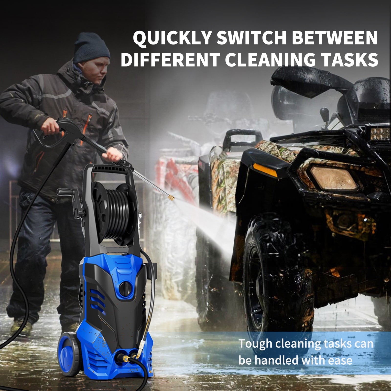 Fenbeli 3800 PSI Electric Pressure Washer - Lightweight with Wheels, Easy to Assemble, 2.0GPM, Includes 5 Nozzles for Cars, Fences, Driveways,Blue
