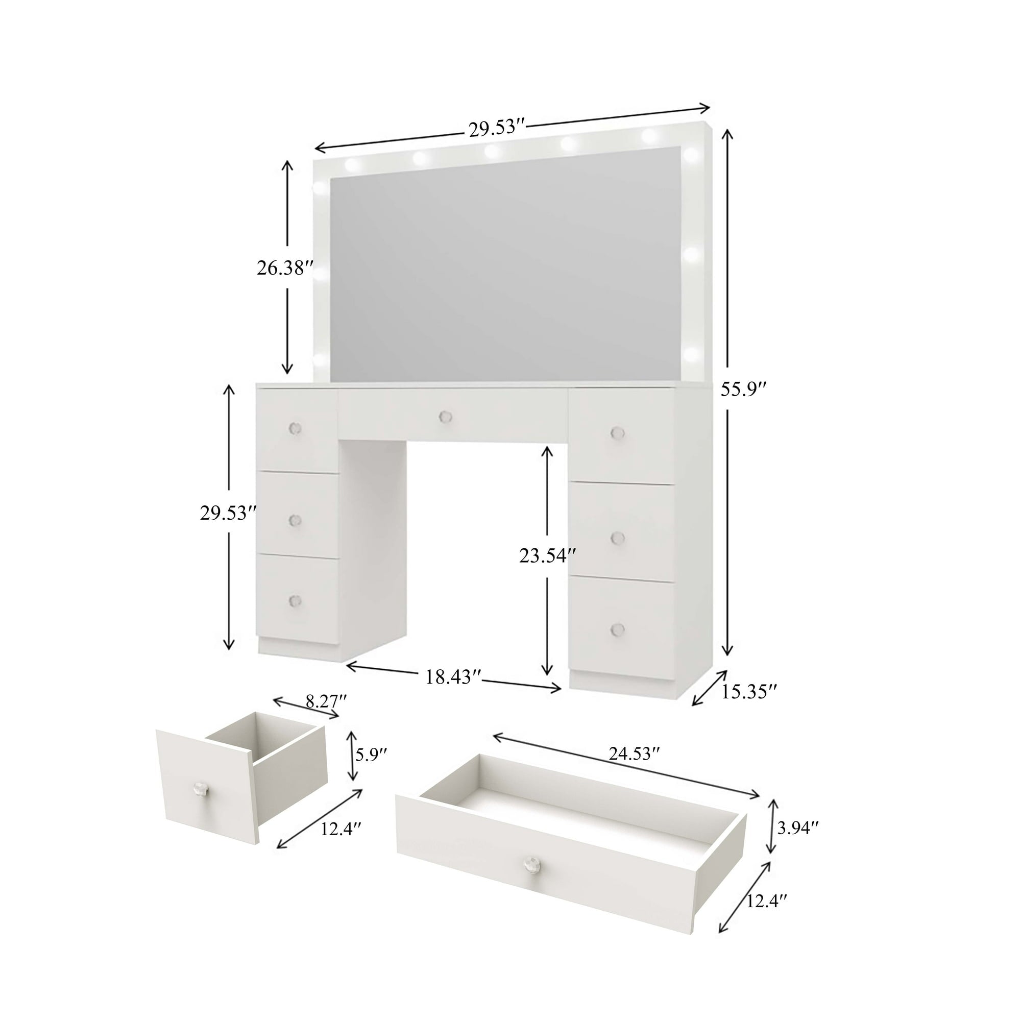 Fenbeli Vanity Desk with Mirror, LED Lights Makeup Vanity Table with 7 Drawers for Bedroom Dressing Room, White Finish