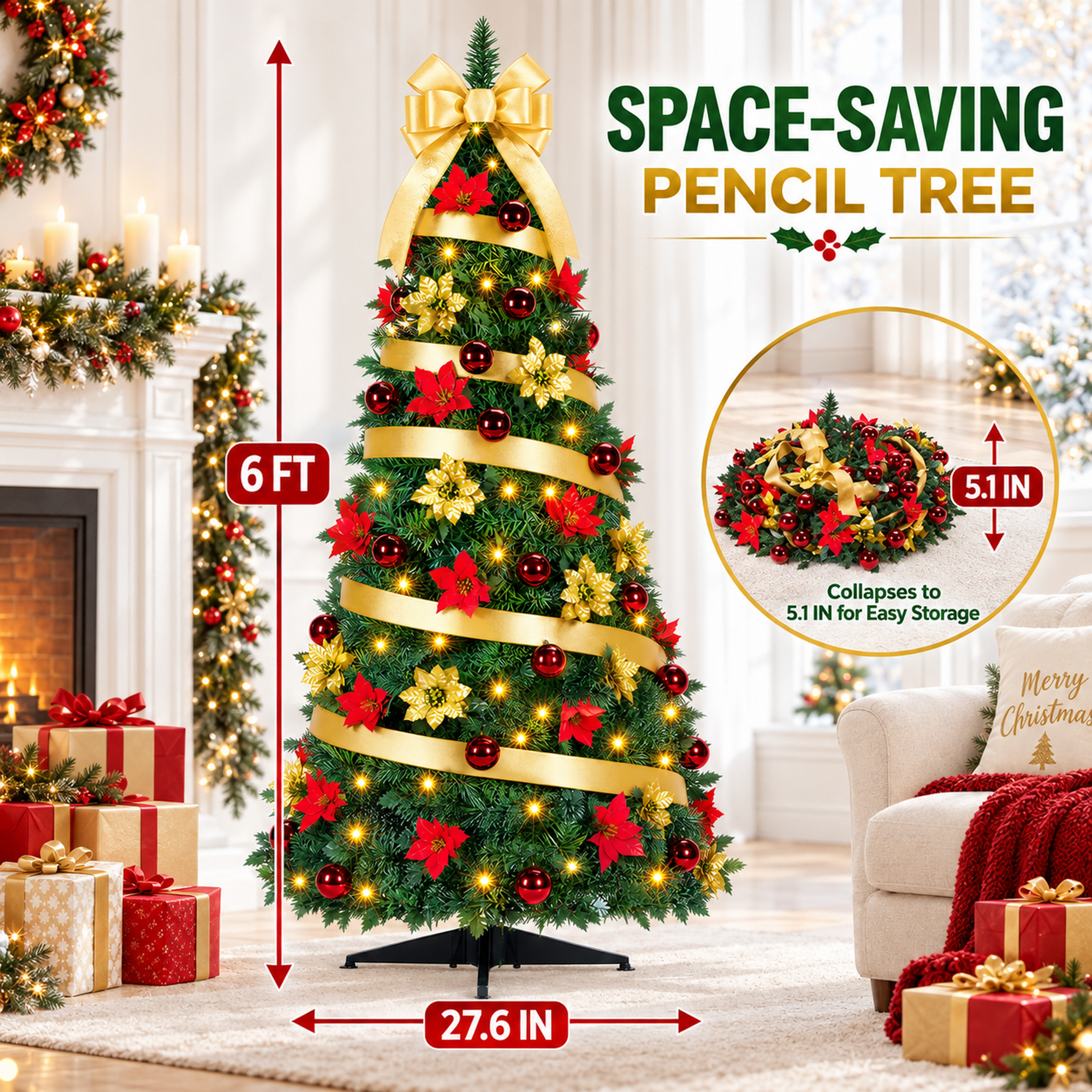 Fenbeli 6ft Pop-Up Pre-Lit Pencil Christmas Tree, 200 LED Lights, 8 Modes, 50 Balls, 50 Flowers, Gold Bow for Holiday Party Decor