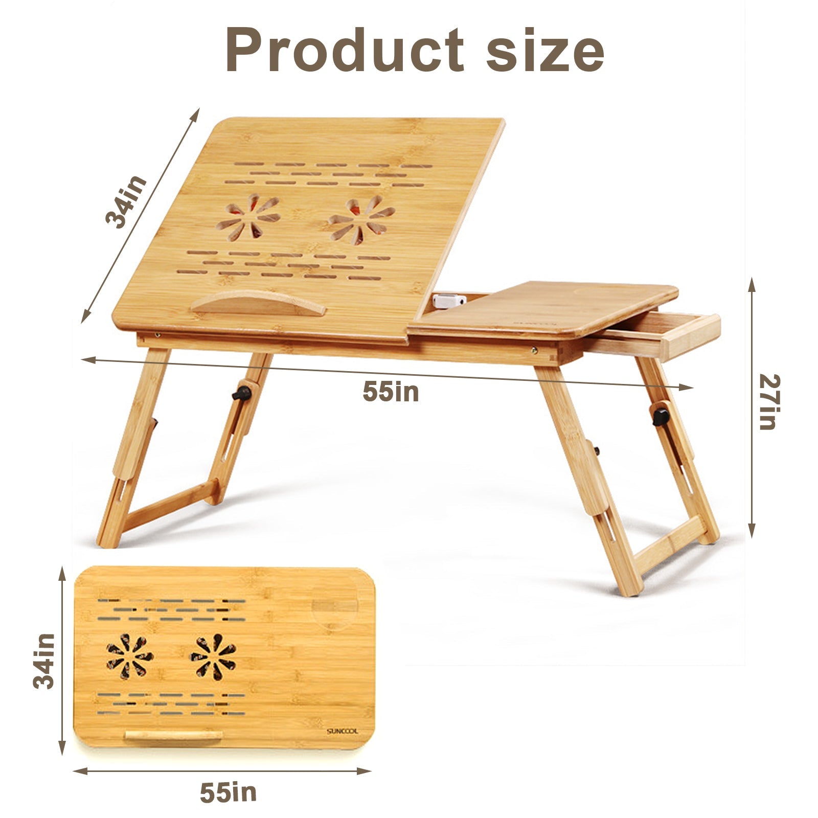 Bamboo Laptop Desk Adjustable Folding Bed Tray with Drawer