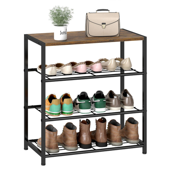 4-Tier Shoe Rack Metal Storage Organizer with Wood Top Board