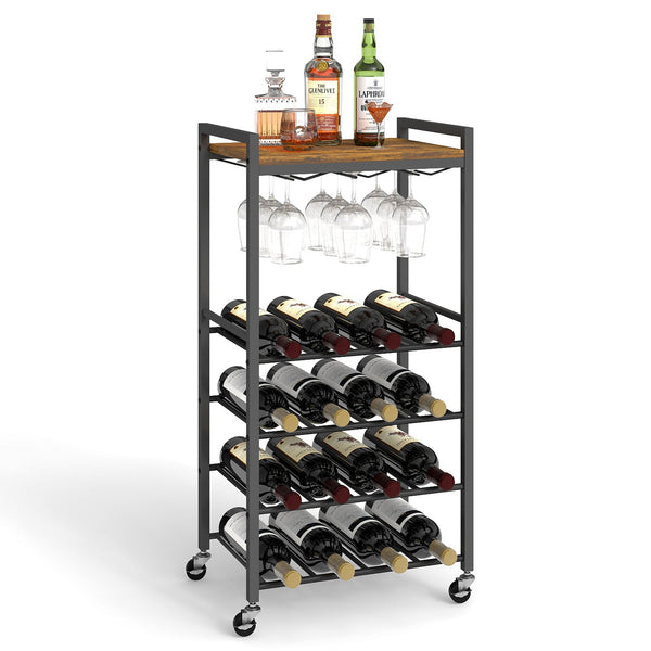 5-Tier Freestanding Wine Rack Kitchen Bar Cart with Glass Holder and Wood Top