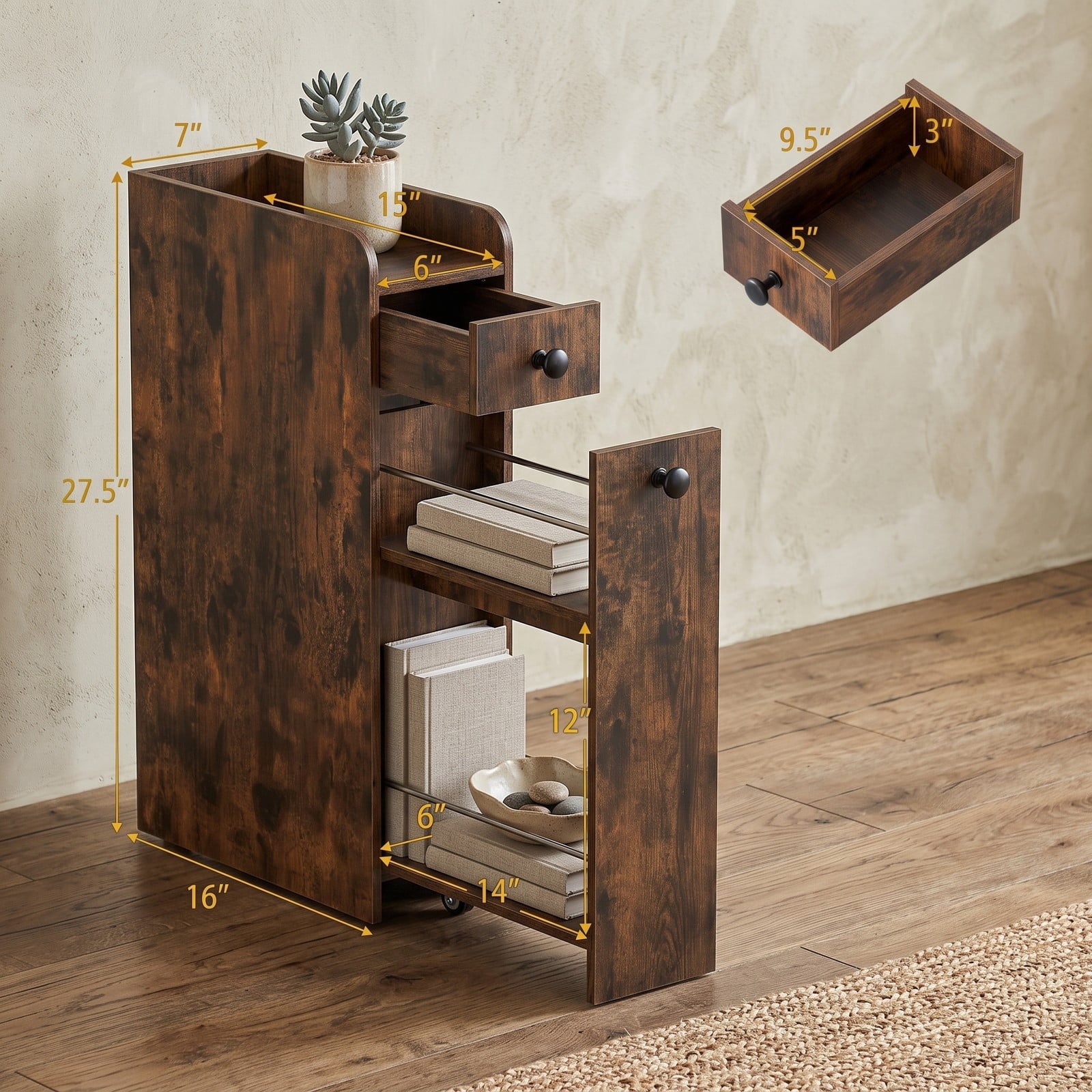 Fenbeli Small Bathroom Storage Cabinet, 4-Tier Narrow Slim Rolling Organizer with 3 Slide Out Drawers on Casters, Freestanding Storage Tower for Bathroom, Brown