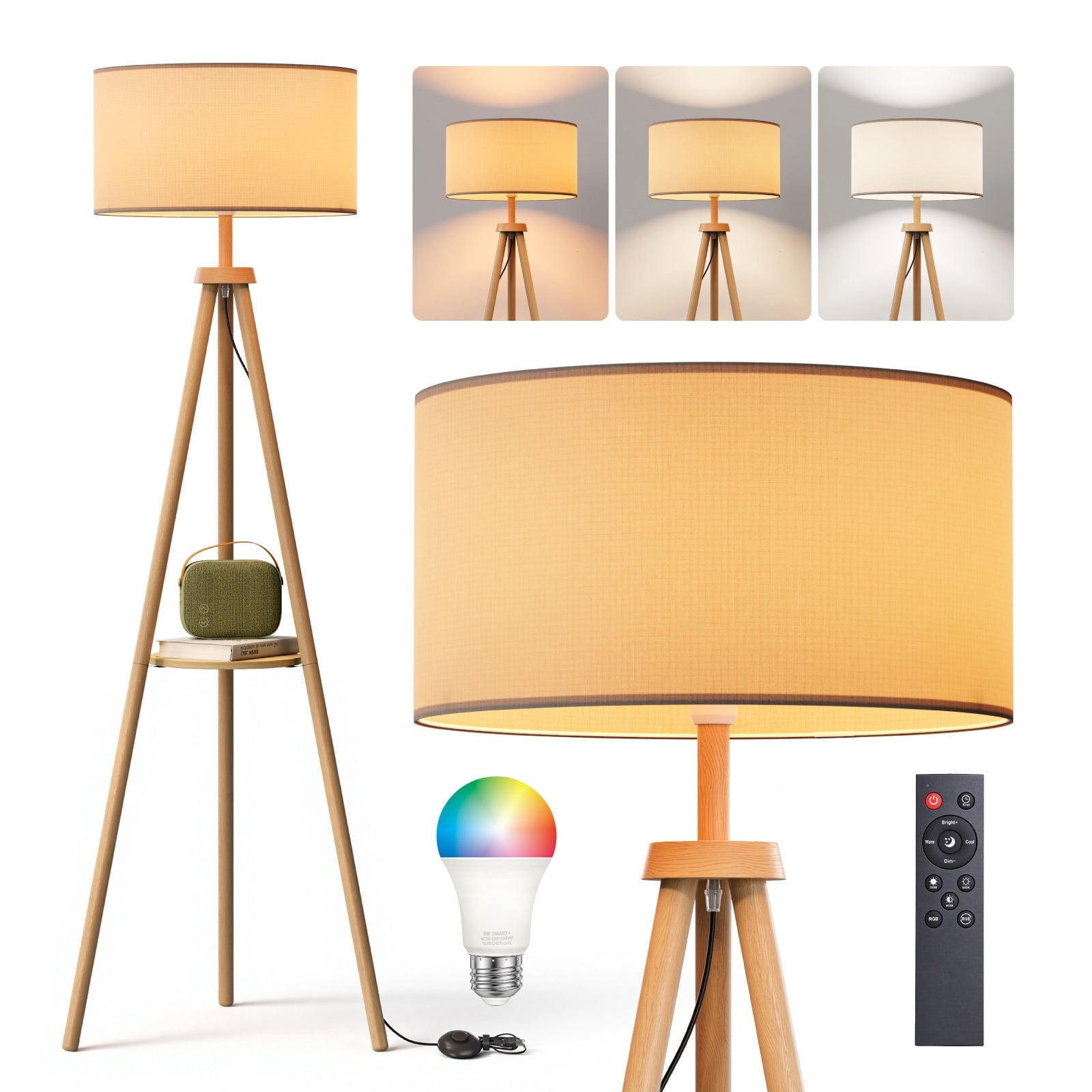 Fenbeli Tripod Floor Lamp with Shelf, 59 Wood Standing Lamp with Remote and APP, Dimmable 3 Color Temperature RGB LED Bulb Included, Linen Shade for Living Room Bedroom, Natural