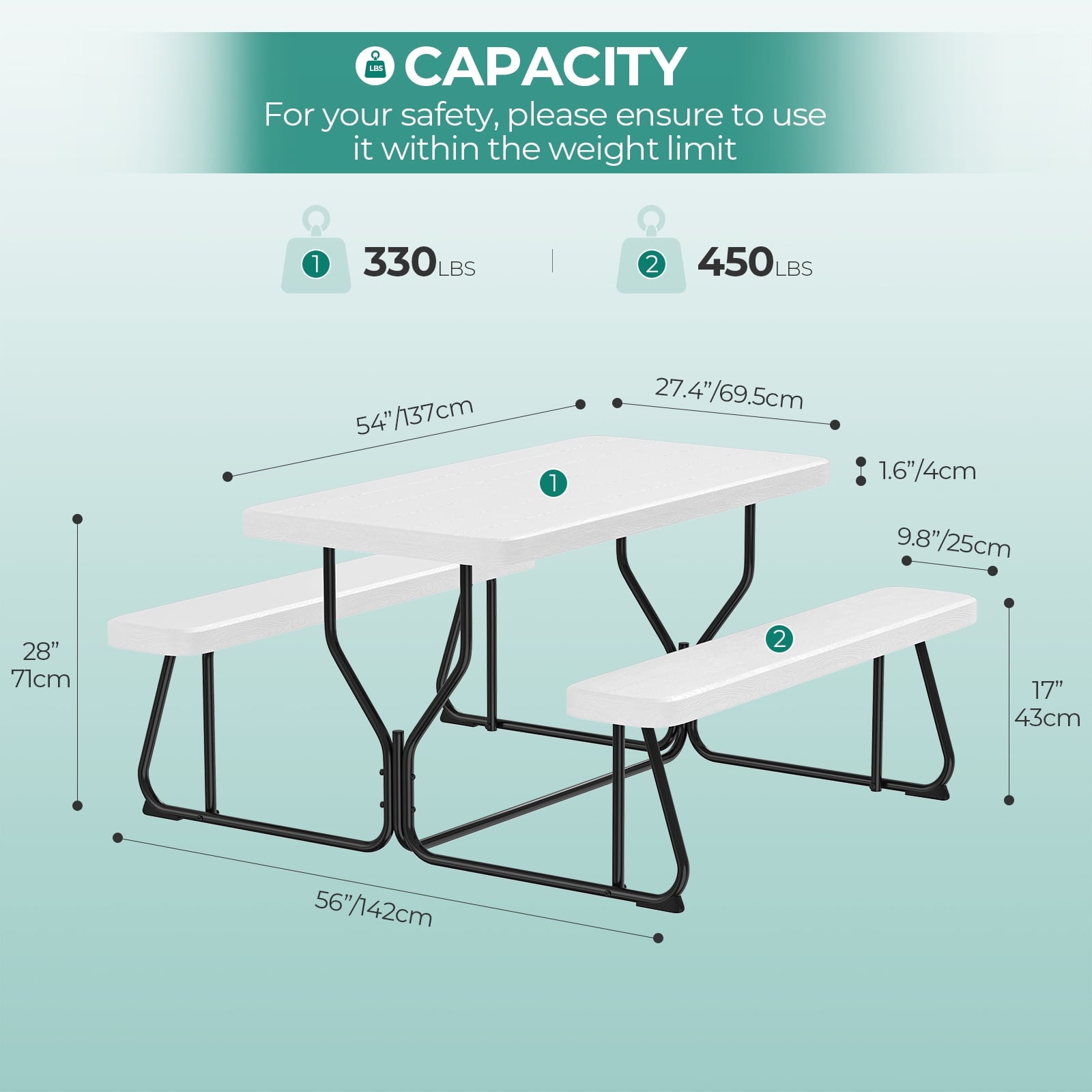 Fenbeli White Outdoor Picnic Table and Bench Set, Weather-Resistant Patio Dining Furniture for Garden, Backyard, Deck