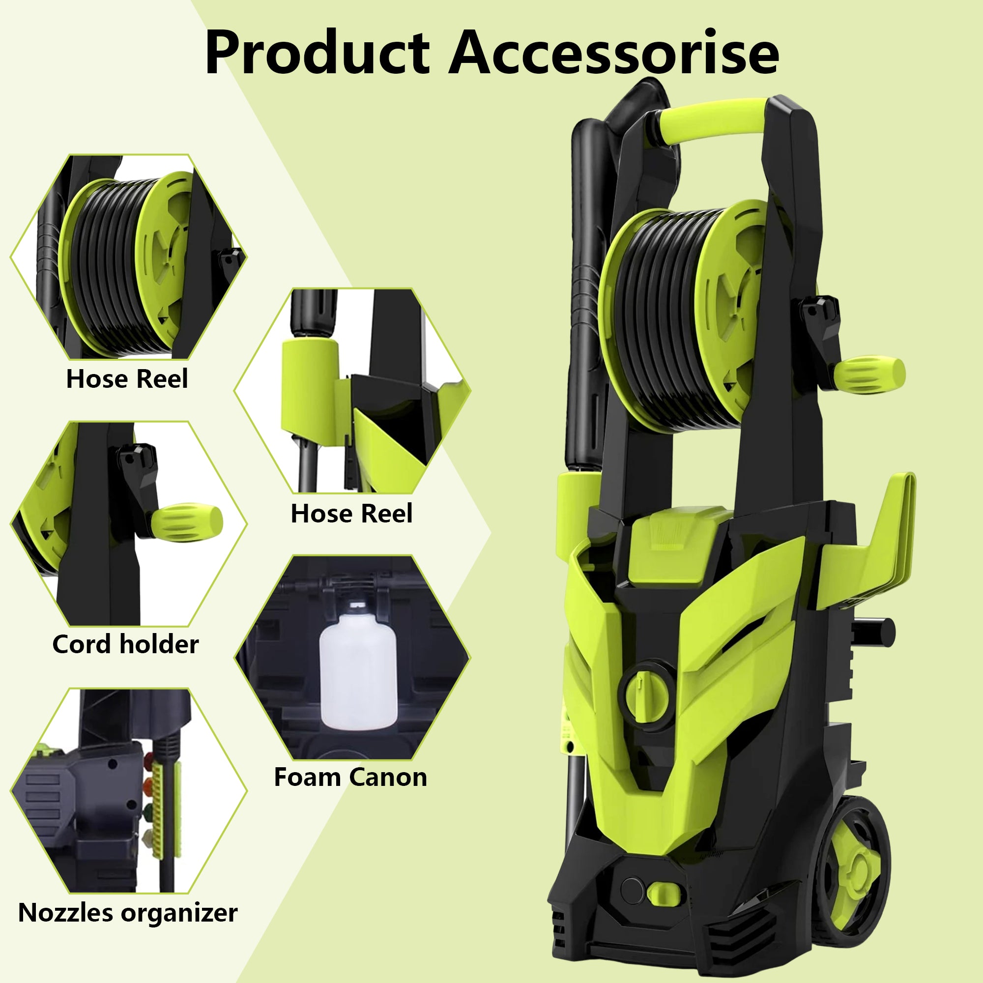 Fenbeli Electric Pressure Washer, 3800 PSIMAX, 2.4 GPM 20 ft Hose and Reel, 4 Quick Connect Nozzles, Foam Cannon, Portable to Clean Patios, Cars, Fences, Driveways, Patios, Floor Cleaning