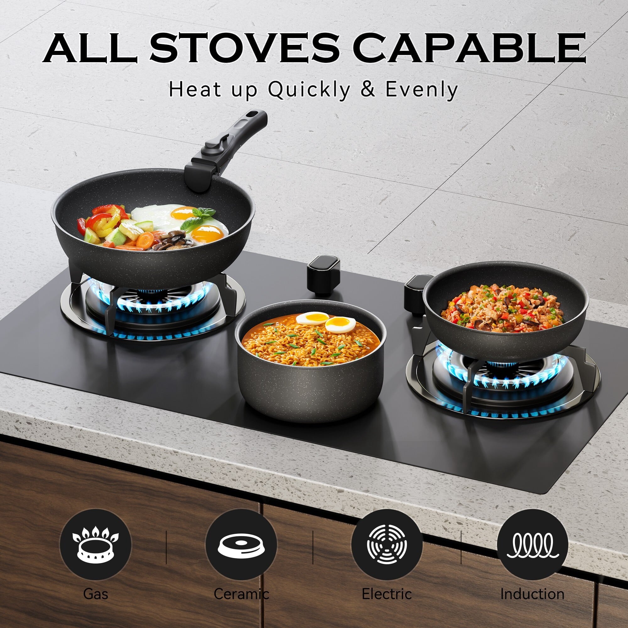 Fenbeli 18 Pcs Pots and Pans Set Nonstick,Ceramic Cookware Set with Pots Protectors and Cooking Utensils,Black