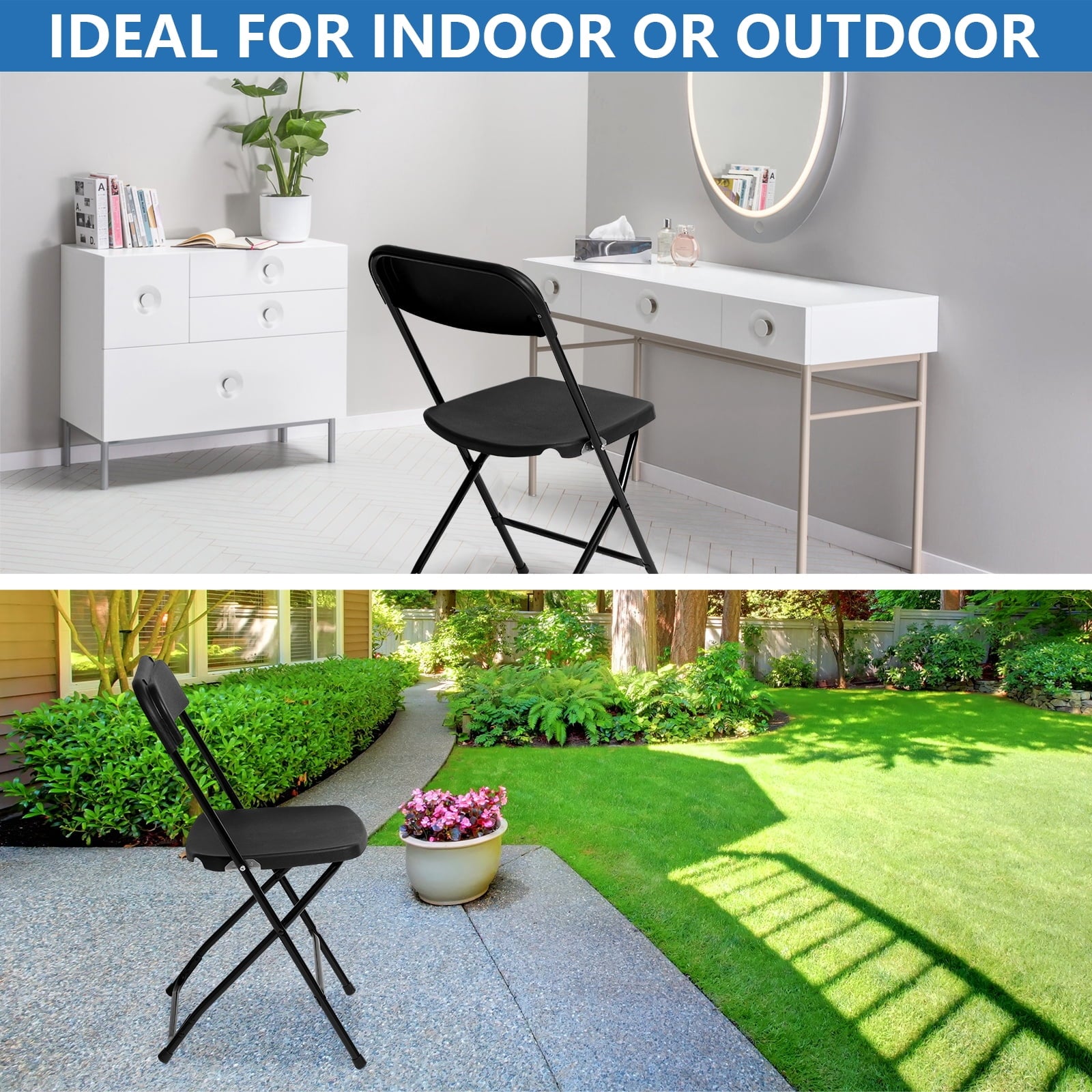 Furnibear 10 Pack Plastic Folding Chairs Indoor/Outdoor Foldable Chair Set, 350 lbs Capacity, Black