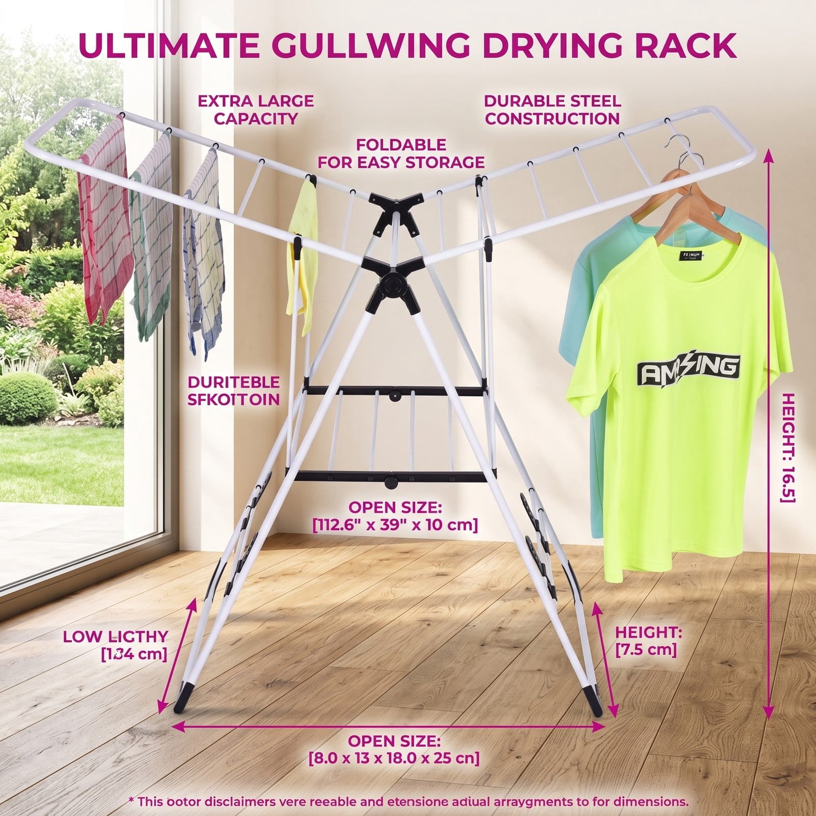 Fenbeli Portable Clothes Drying Rack, Foldable 2-Tier Steel Laundry Drying Rack with Adjustable Wings for Indoor Outdoor Garment Air Dry, Space-Saving, White