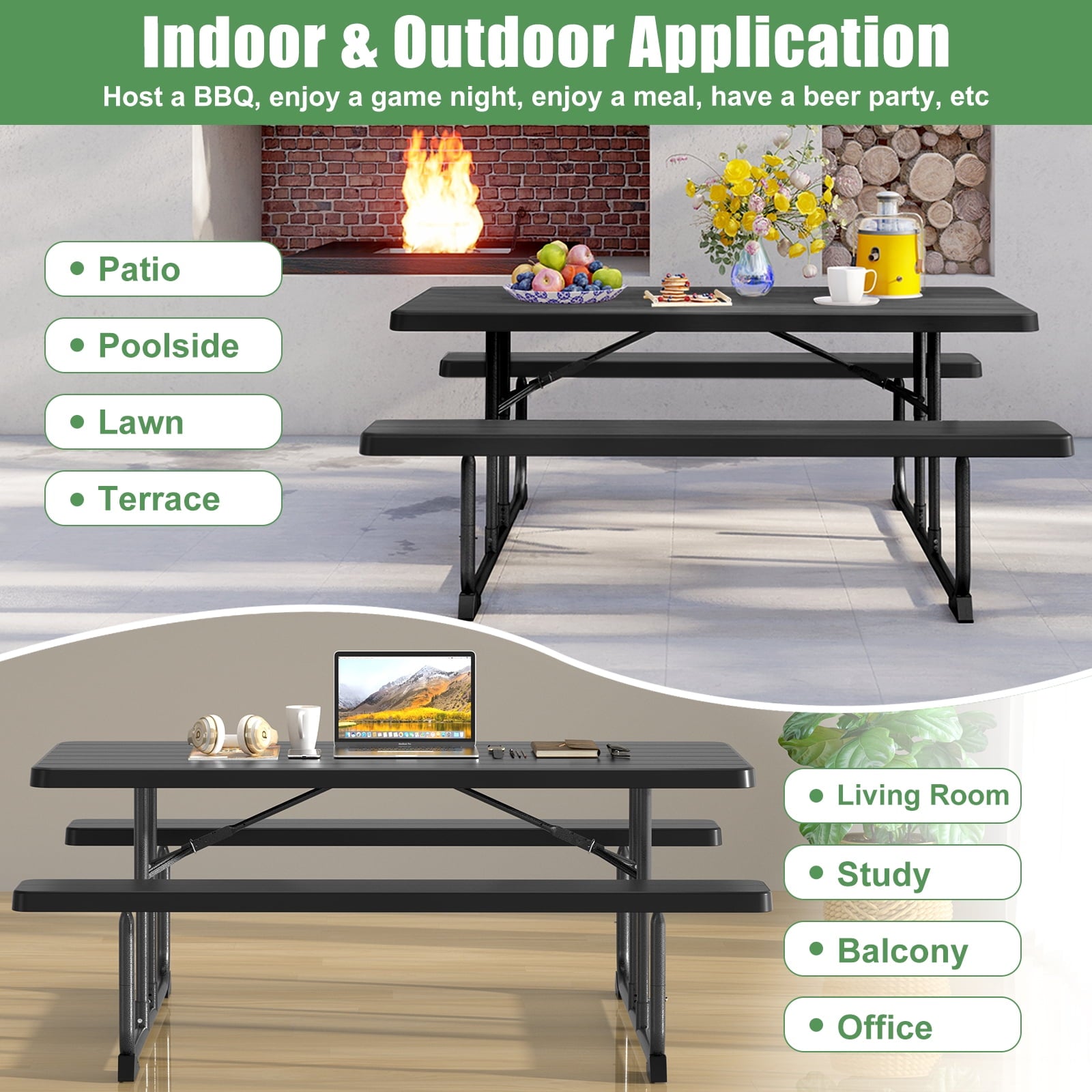 Fenbeli 6-Foot Outdoor Folding Picnic Table, Black