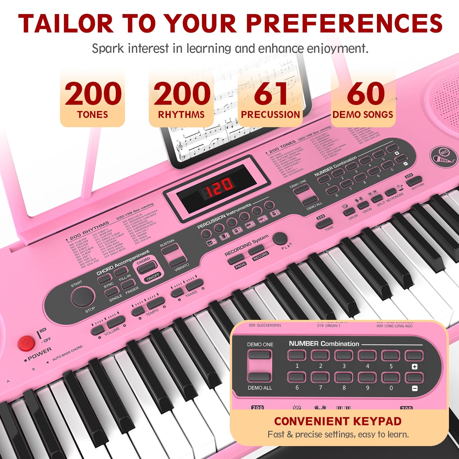Fenbeli 61 Key Piano Keyboard with Lighted Keys Electric Keyboard Kit with Stand, Bench, Headphones, Built-in Speakers, Pink