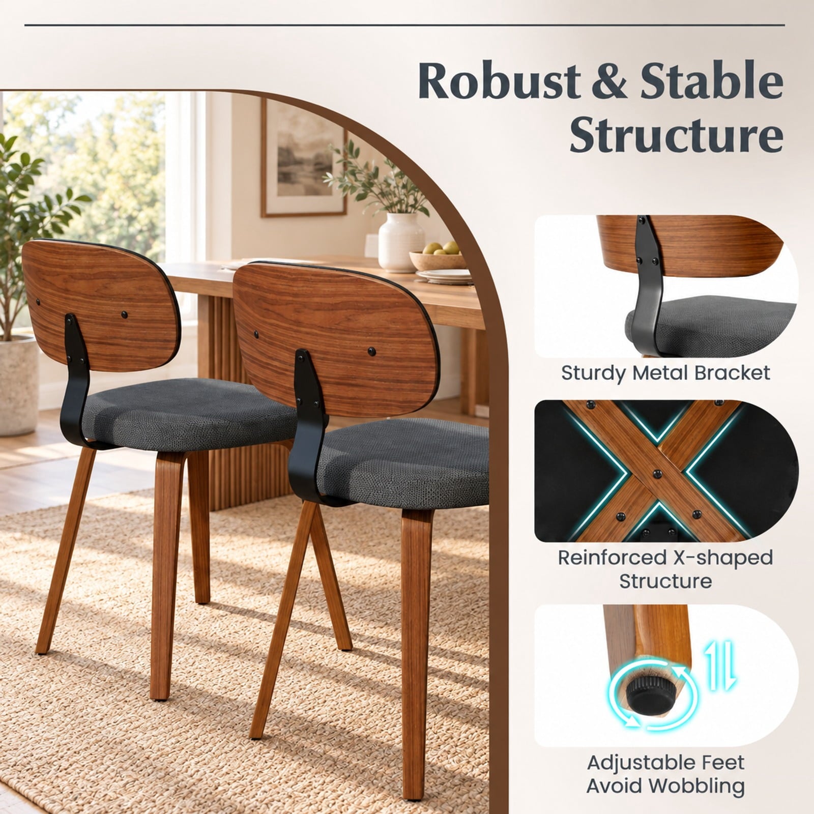 Fenbeli Chenille Fabric Upholstered Wooden Kitchen Chairs Set of 2, 330 lbs Capacity, Chenille Sponge Bentwood Metal Frame, Dark Gray