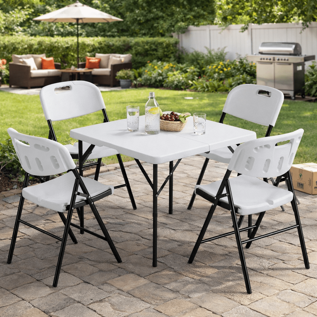 Fenbeli 5 Piece Folding Table and Chairs, Portable Event Card Table with Chairs Set of 4 for Indoor/Outdoor, Picnic, Game Room White