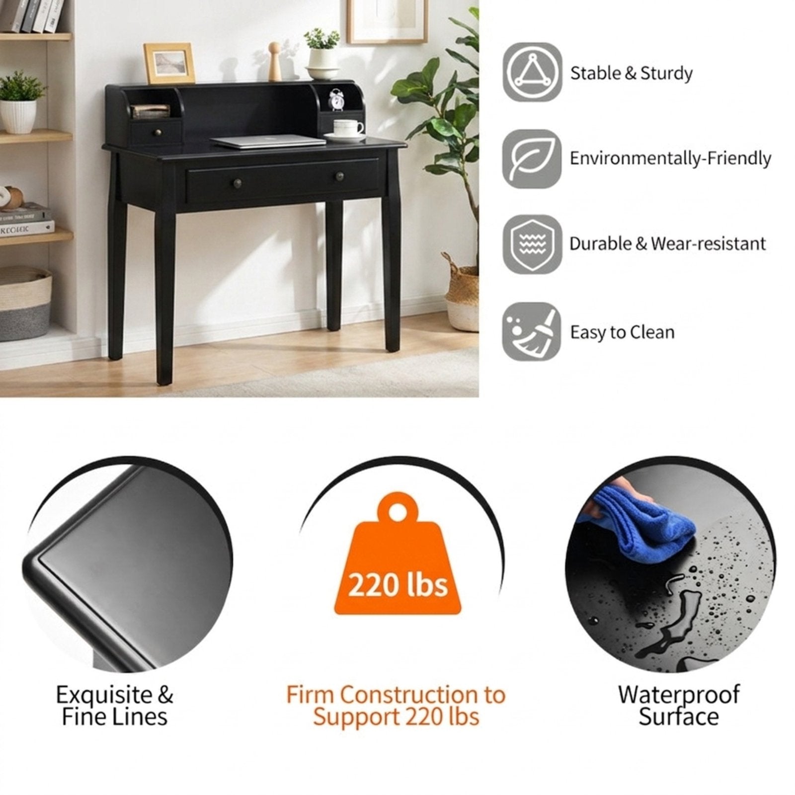 Furnibear 2-Tier Writing Desk with Storage, Vanity and Sewing Desk with 4 Drawers, Computer Desk for Bedroom, Black