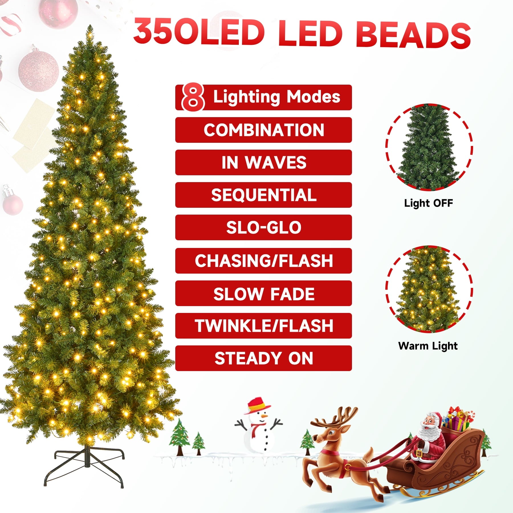 Fenbeli 7.5ft Prelit Artificial Christmas Tree with 350 LED Warm Lights Pencil Christmas Tree with Sturdy Metal Stand for Indoor and Outdoor Decor