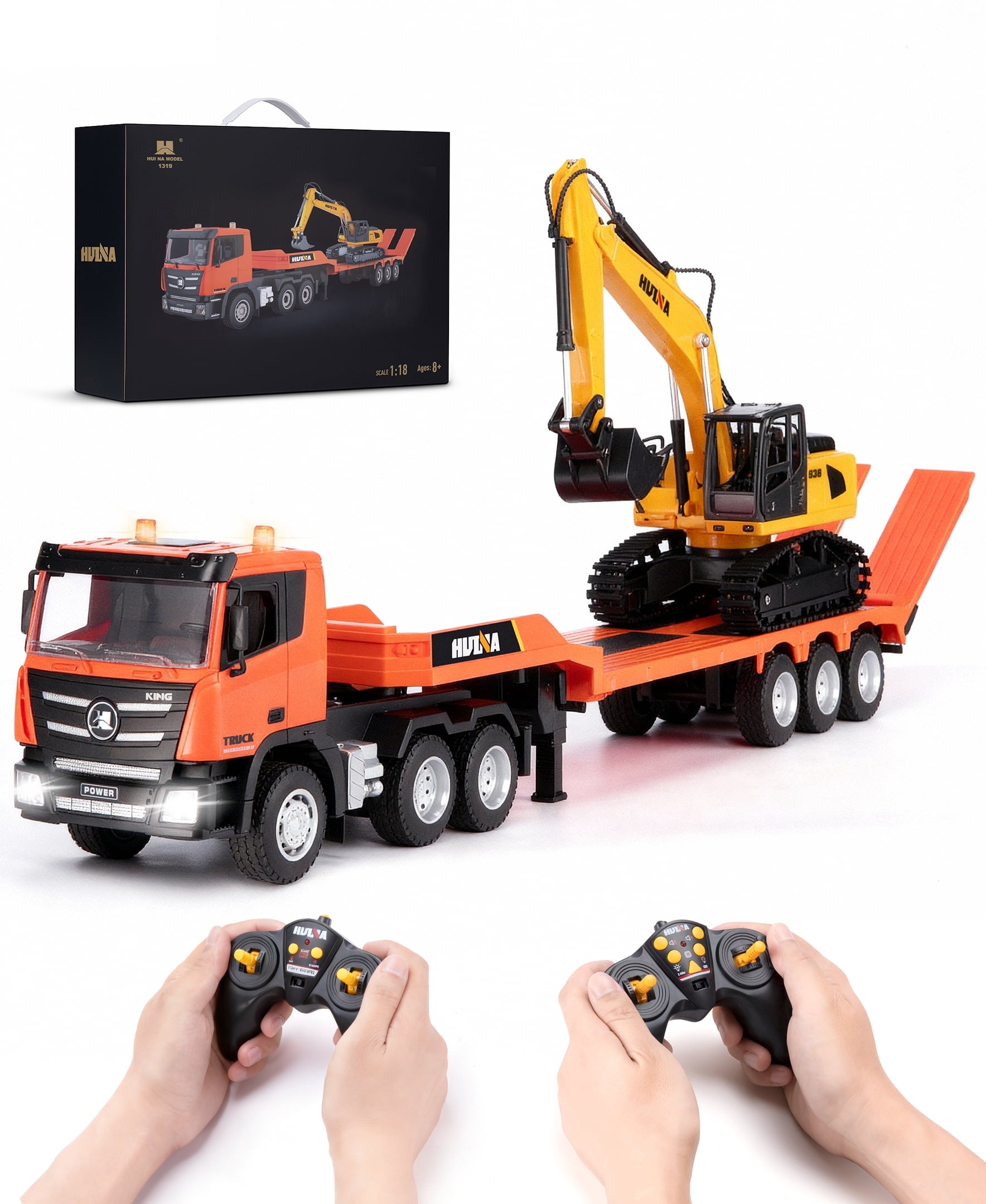 Fenbeli 1:18 RC Flatbed Truck and Excavator Toy Set, 2.4GHz 9-Channel Remote Control Construction Vehicles with Lights Sounds, 32.9 Semi-Trailer with 680¡ã Rotating Digger, Gift for Boys 8-12, Orange