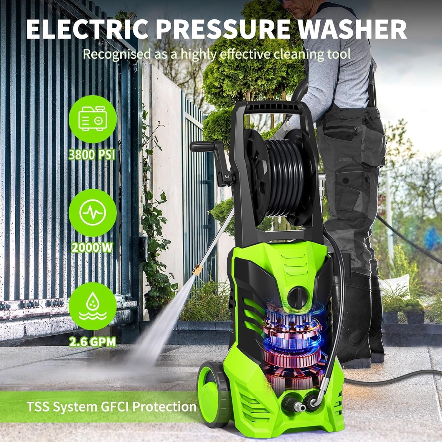 Vebreda 3800 PSI Electric Pressure Washer Lightweight Power Pressure Washer, Great for Cars Washing Fences Patios Driveways