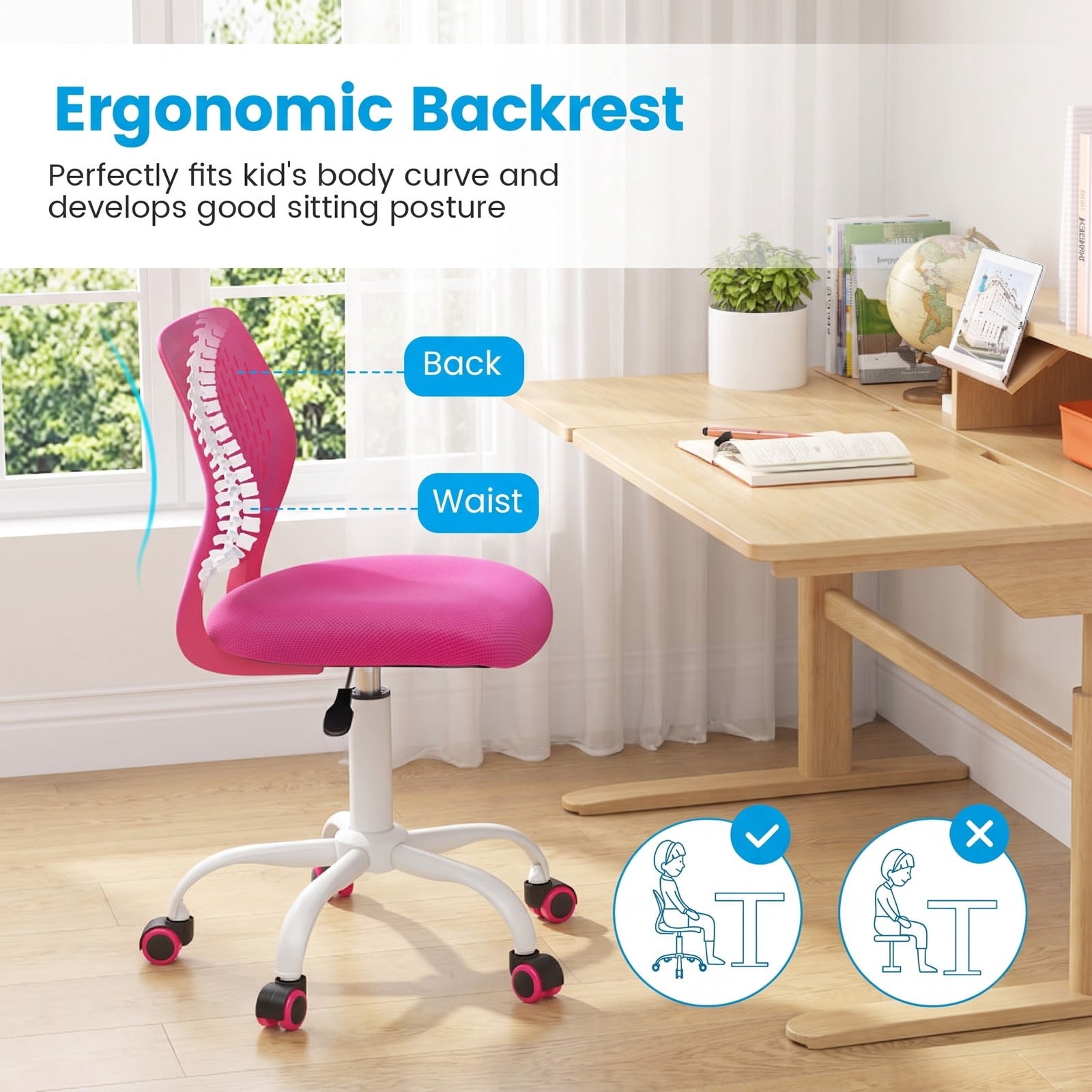 Fenbeli Ergonomic Children Study Chair with Adjustable Height, 250 lbs Capacity, Sponge Mesh Metal Frame, 19.5 x 19.5 x 29.5-34 Footprint, Pink
