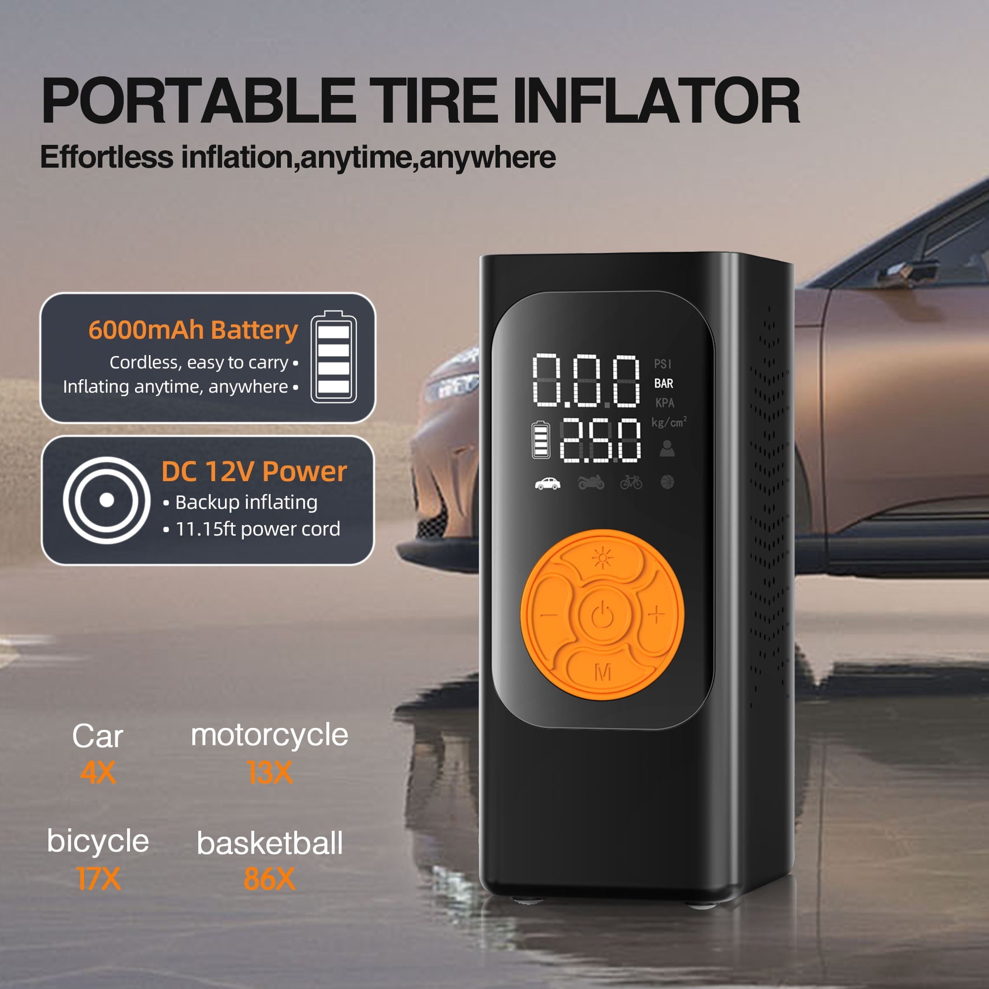Fenbeli Portable Tire Inflator, 150PSI Cordless Air Compressor with 6000mAh Battery and DC 12V Dual Power, Digital Pressure Gauge, LED Light and Power Bank, Air Pump for Car Bike Motorcycle Ball, Black