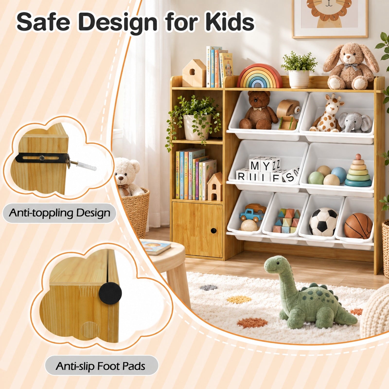 Fenbeli Kids Toy Storage and Bookshelf with Boxes and Open Shelves, 385 lbs Capacity, Engineered Wood Frame, for 3+ Years Old Total, Beige