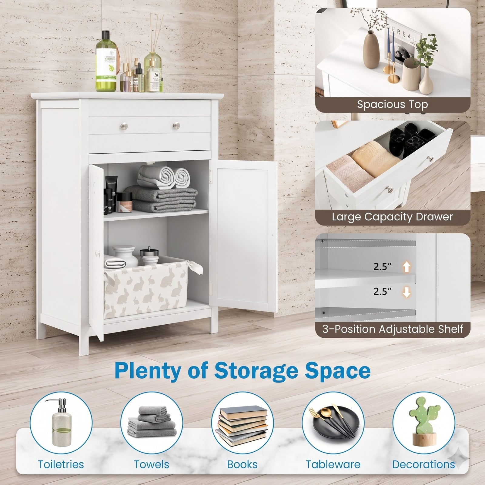 Fenbeli Free Standing Bathroom Storage Cabinet, 2-Door Floor Cabinet with Large Drawer and Adjustable Shelf, Waterproof MDF Side Organizer for Bathroom Living, White