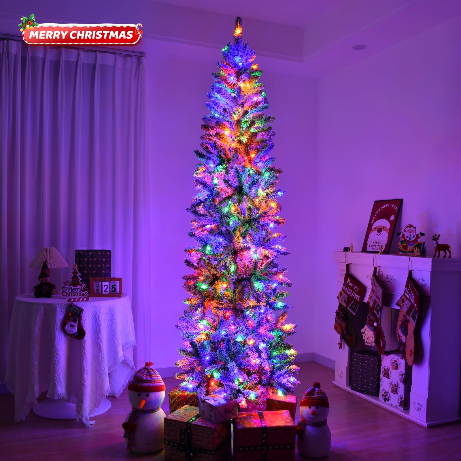 Fenbeli 7.5ft Pre-Lit Pencil Snow Flocked Christmas Tree