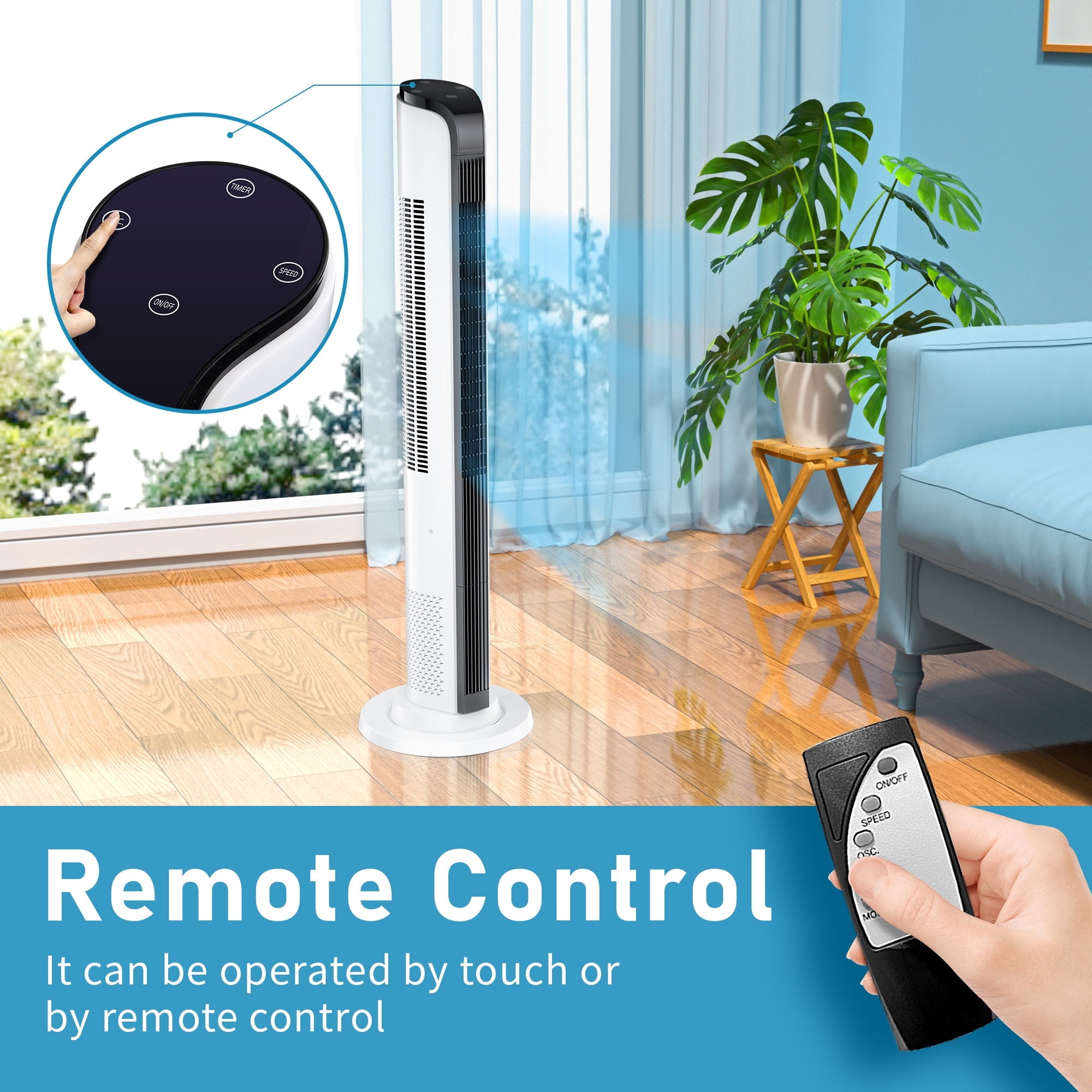 43inch Tower Fans for Home with Remote for Bedroom with 3 Speeds, 3 Modes, White