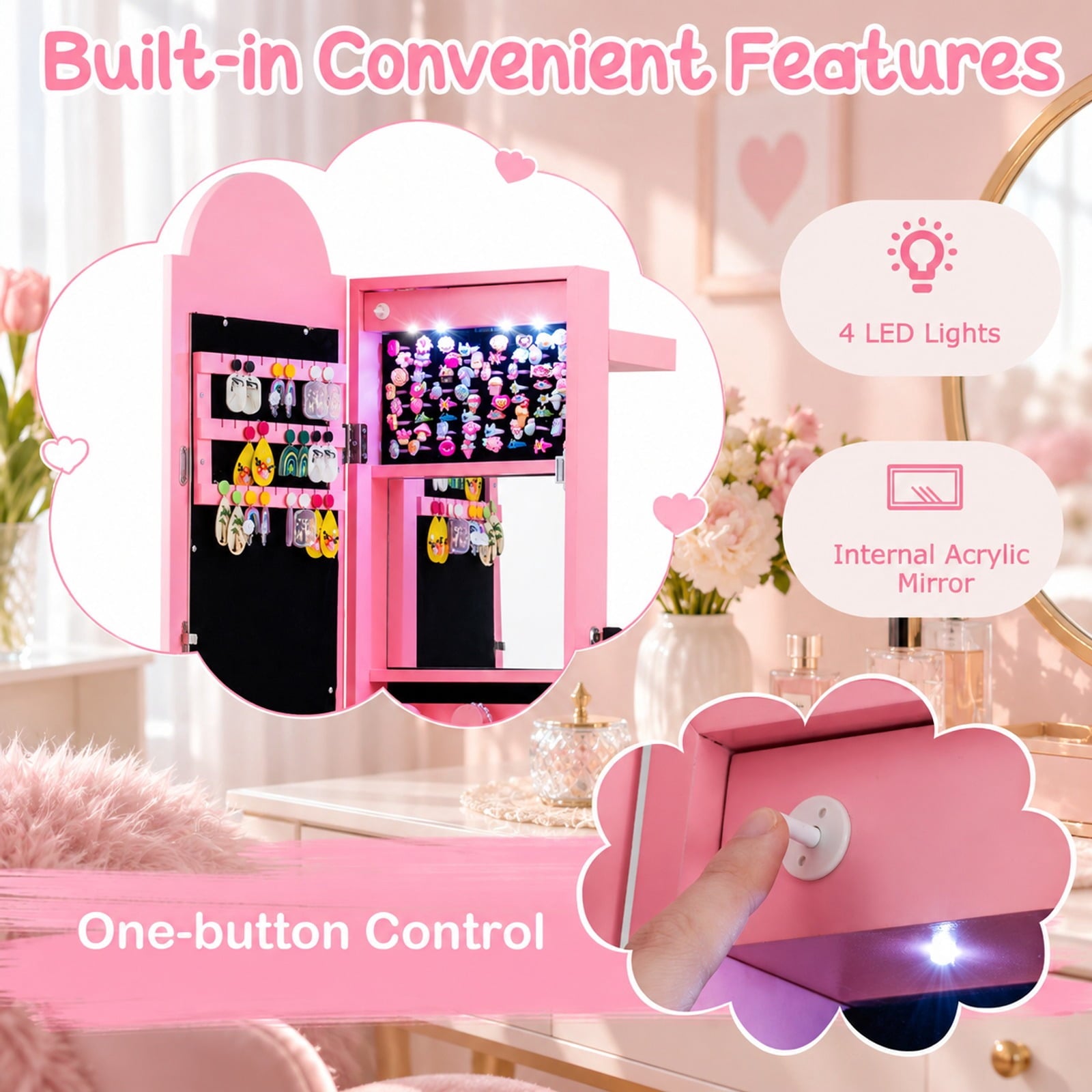 Fenbeli 3 In 1 Kids Jewelry Cabinet Freestanding Jewelry Armoire with 3-Color Lighted Mirror, MDF Glass Acrylic Frame, Pink