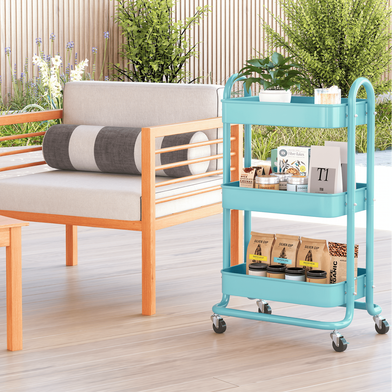 Fenbeli 3-Tier Metal Rolling Utility Cart with Wheels, blue, 18L x 13.4W x 31H