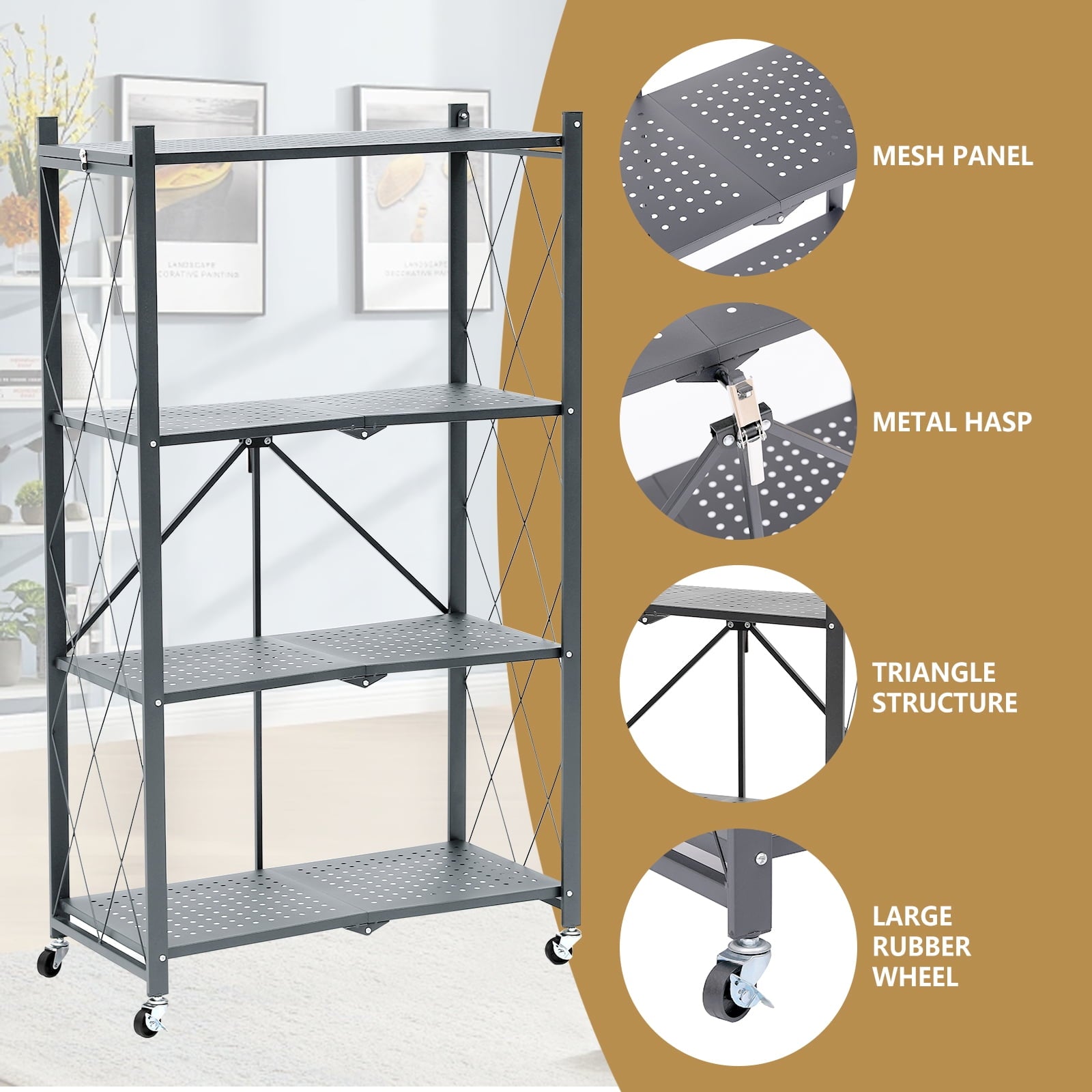 Fenbeli 4-Tier Storage Shelving Unit, Metal Shelf, Foldable Storage Shelf with Wheels, Garage Shelf, Metal Storage Rack, Kitchen Shelf with 3 Hooks