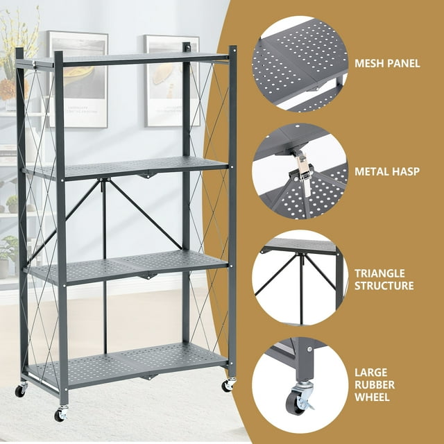 Fenbeli 4-Tier Storage Shelving Unit, Metal Shelf, Foldable Storage Shelf with Wheels, Garage Shelf, Metal Storage Rack, Kitchen Shelf with 3 Hooks