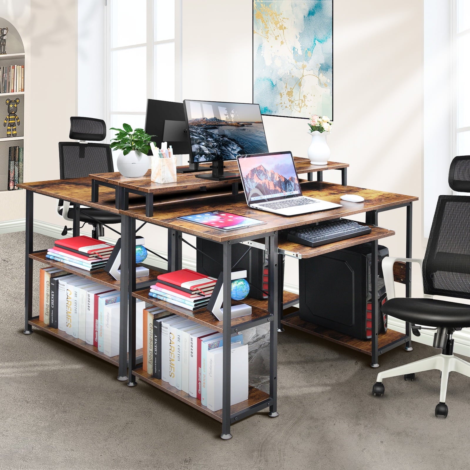 Furnibear Computer Desk 47 Home Office Desk Study Writing Table with Monitor Stand Storage Shelf, Brown