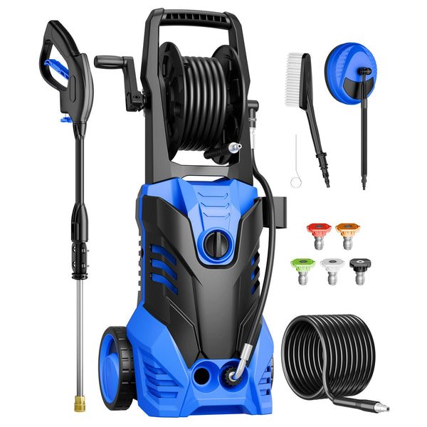 Fenbeli 3000 PSI Electric Pressure Washer, 2.0 GPM Power Washer with Hose Reel, 5 Nozzles, Wheels and Handle, 2000W High-Efficiency Cleaner for Cars, Homes, Driveways, and Decks