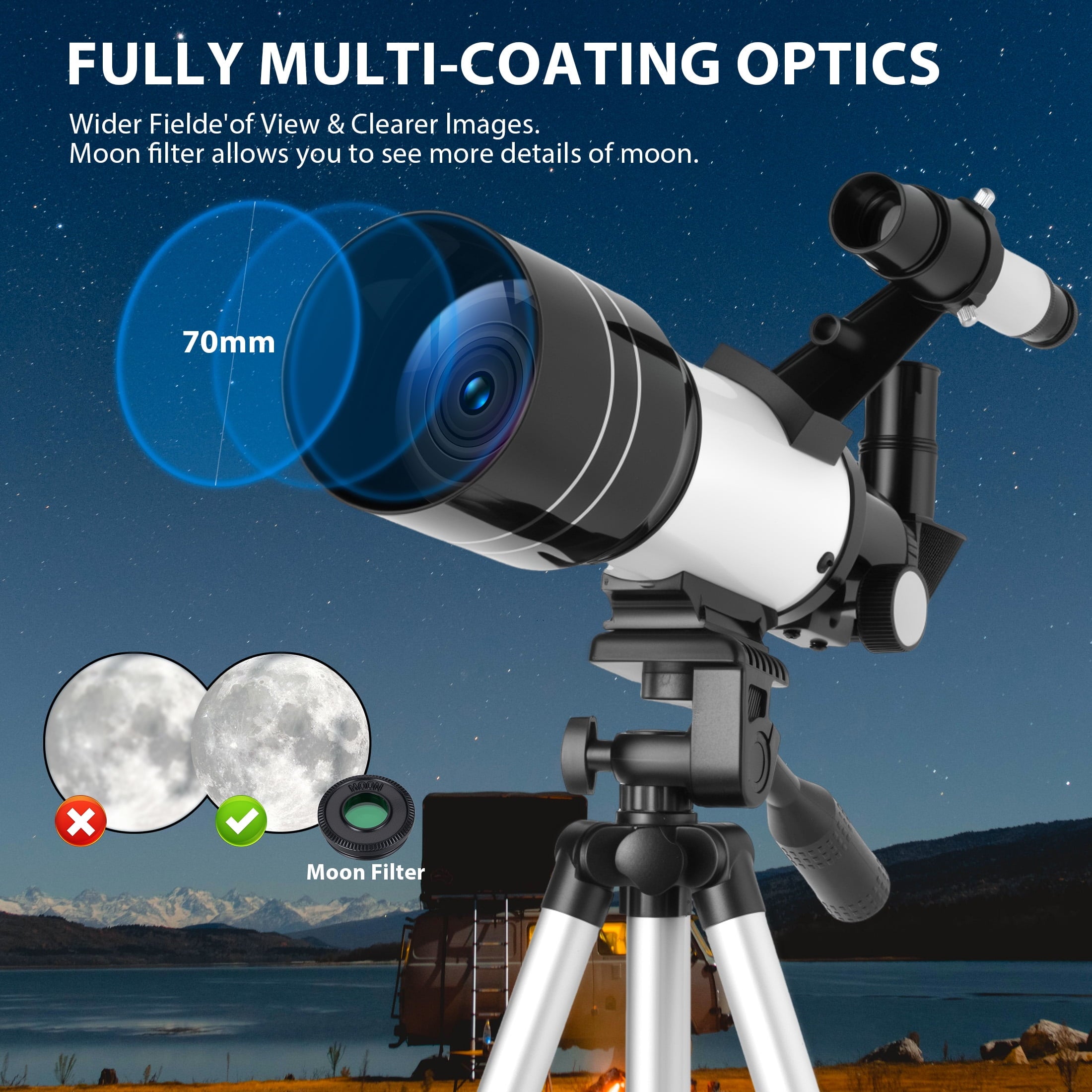 Furnibear Telescope for Kids and Adults 70mm Aperture High Powered Refractor Astronomy Telescope with Tripod and Phone Adapter,White