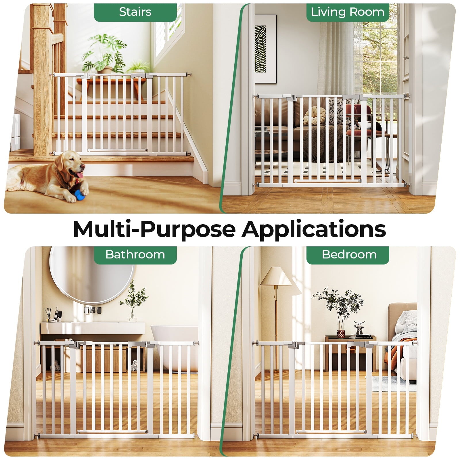 Fenbeli 30in-50in Baby Gates for Doorway, Auto Close Pet Gate, Gifts for Mom, Easy Install Pressure Mounted Dog Door, White