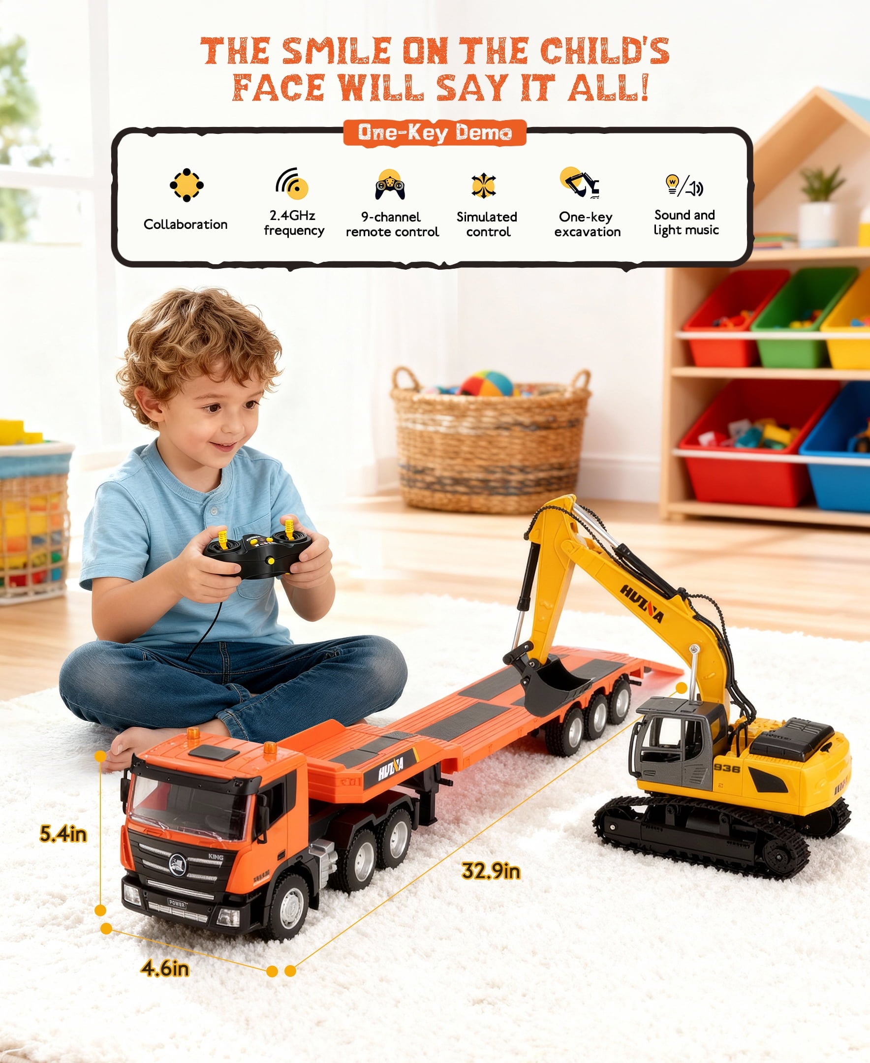 Fenbeli 1:18 RC Flatbed Truck and Excavator Toy Set, 2.4GHz 9-Channel Remote Control Construction Vehicles with Lights Sounds, 32.9 Semi-Trailer with 680¡ã Rotating Digger, Gift for Boys 8-12, Orange