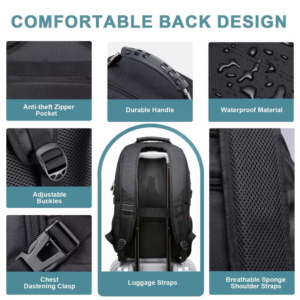 Fenbeli 50L Extra Large Travel Laptop Backpack, TSA Approved Carry On Backpack with USB Charging Port, Fits 17.3 Laptop, Water Resistant College Business Work Backpack for Men and Women, Black