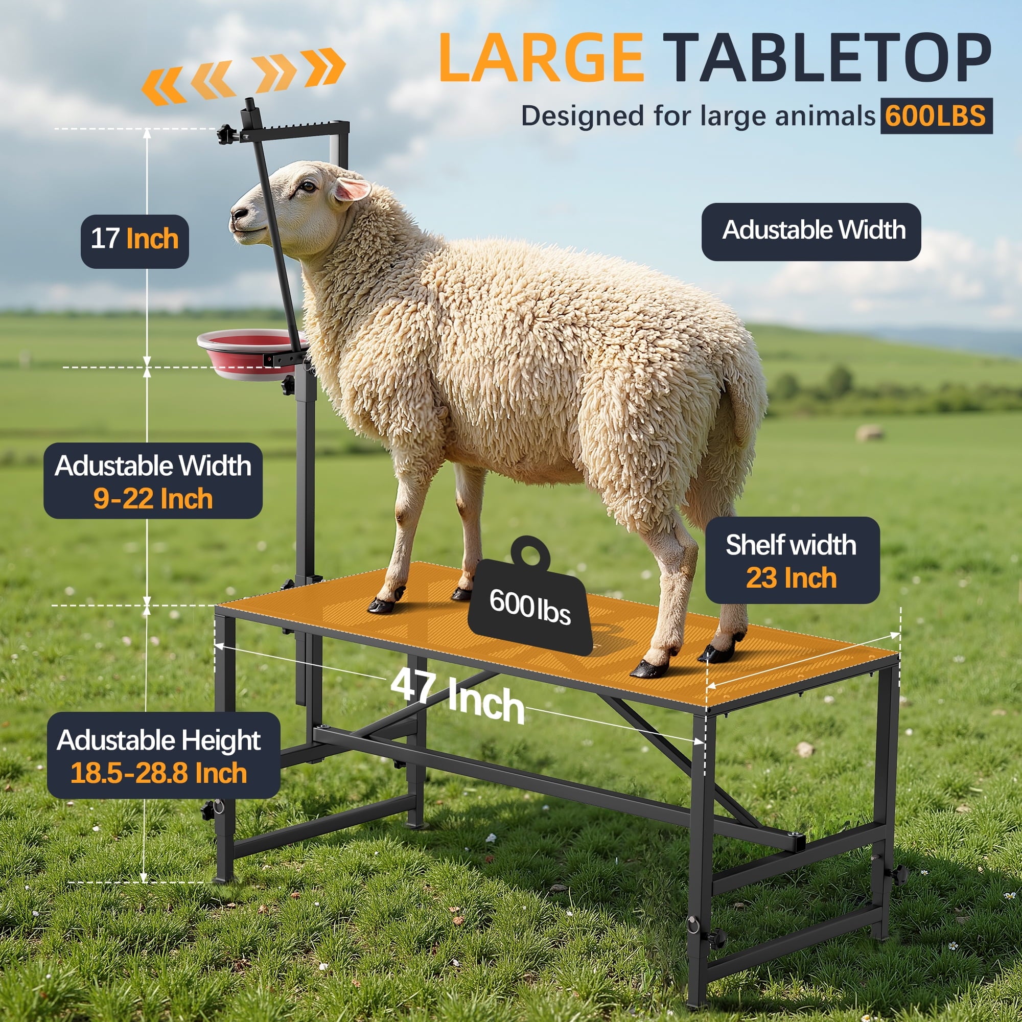 Fenbeli Goat Trimming Stand with Feed Bin, 600 lbs Capacity Livestock Grooming & Milking Table for Goats & Sheep, Black