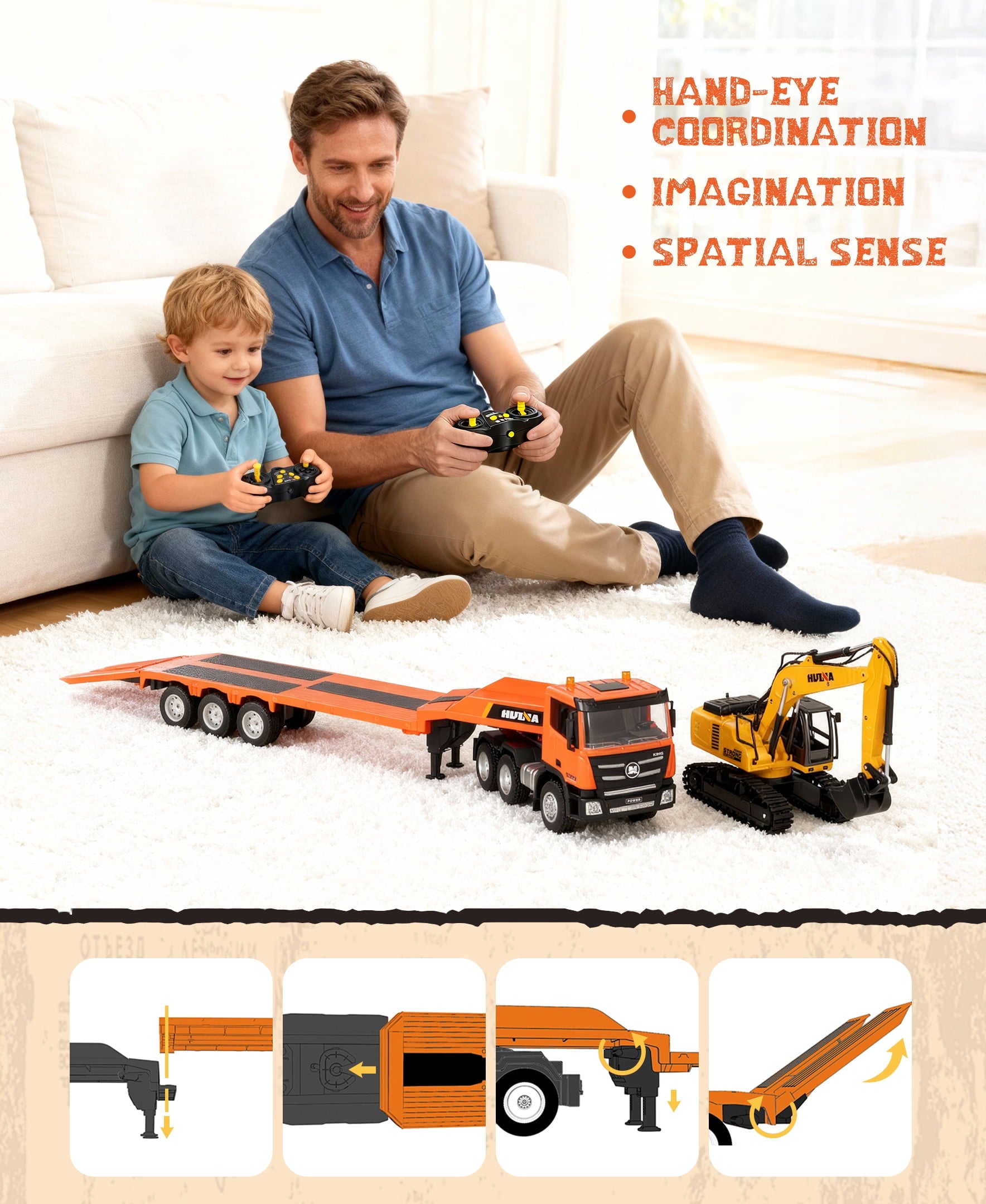 Fenbeli 1:18 RC Flatbed Truck and Excavator Toy Set, 2.4GHz 9-Channel Remote Control Construction Vehicles with Lights Sounds, 32.9 Semi-Trailer with 680¡ã Rotating Digger, Gift for Boys 8-12, Orange