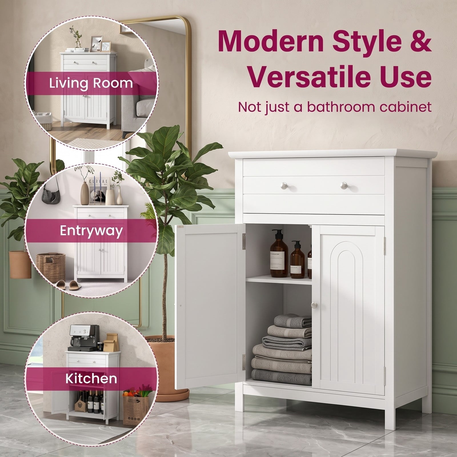 Fenbeli Free Standing Bathroom Storage Cabinet, 2-Door Floor Cabinet with Large Drawer and Adjustable Shelf, Waterproof MDF Side Organizer for Bathroom Living, White
